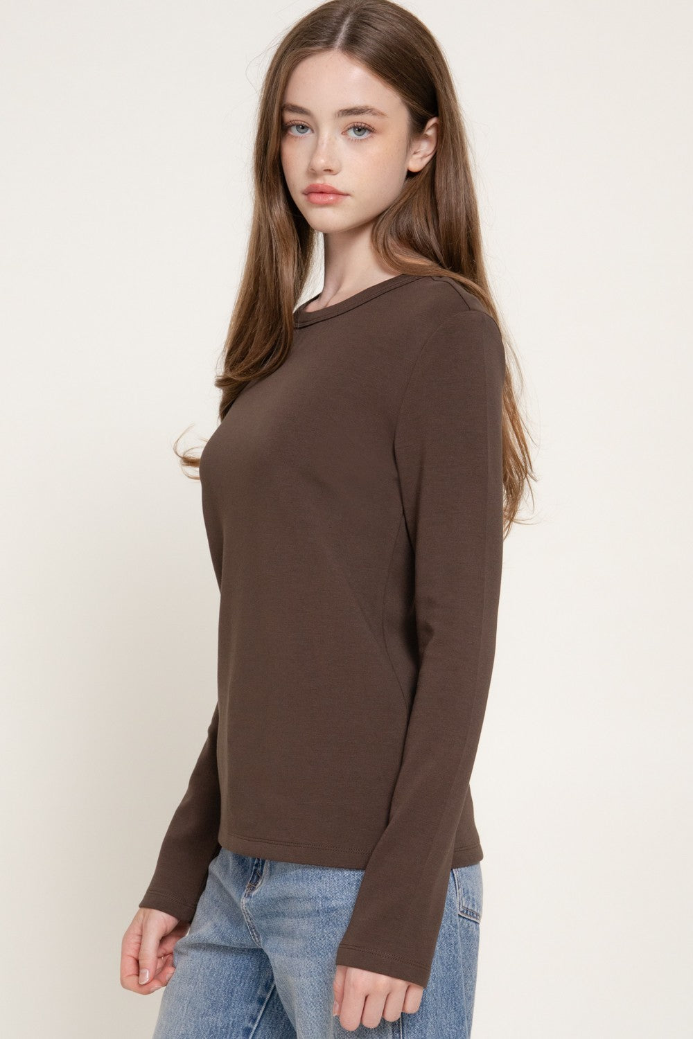 Long Slv Crew Neck Cotton Scuba Knit Top