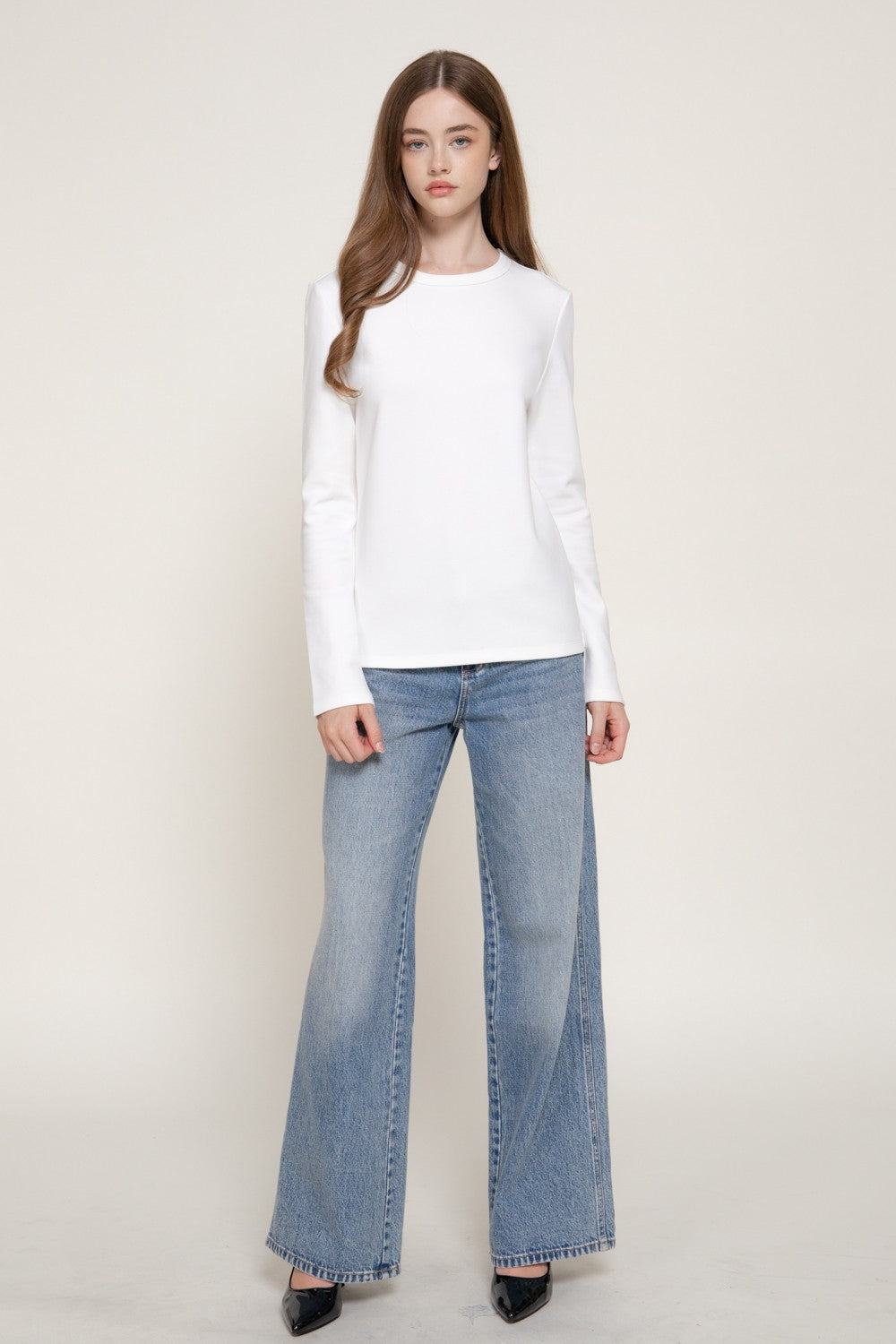 Long Slv Crew Neck Cotton Scuba Knit Top