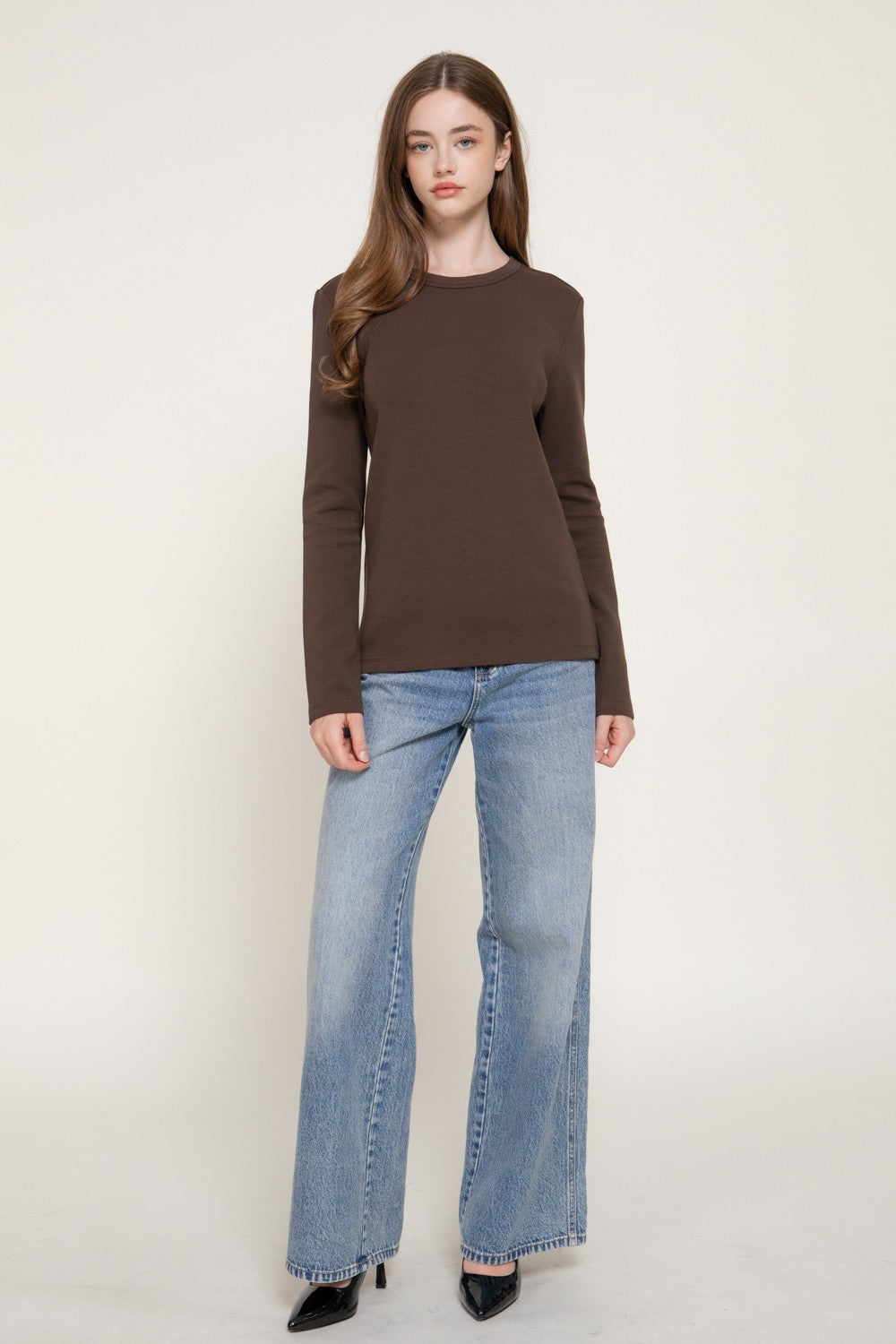Long Slv Crew Neck Cotton Scuba Knit Top