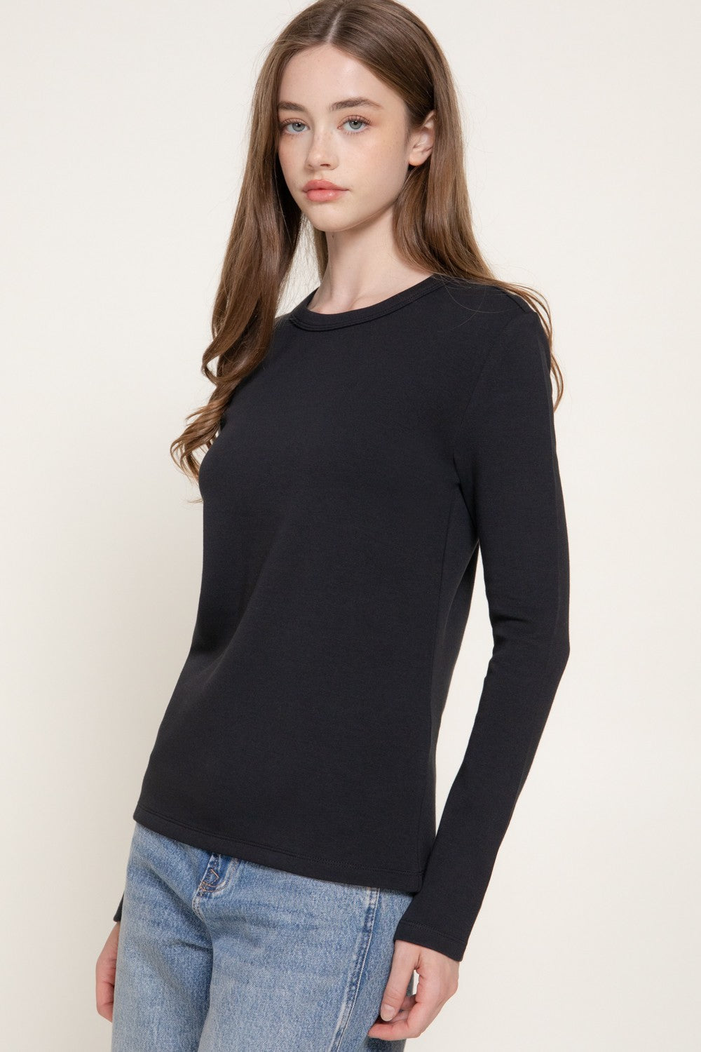 Long Slv Crew Neck Cotton Scuba Knit Top