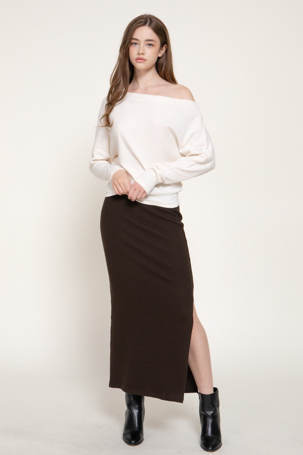 Long Dolman Slv Wide Boat Neck Brushed Knit Top