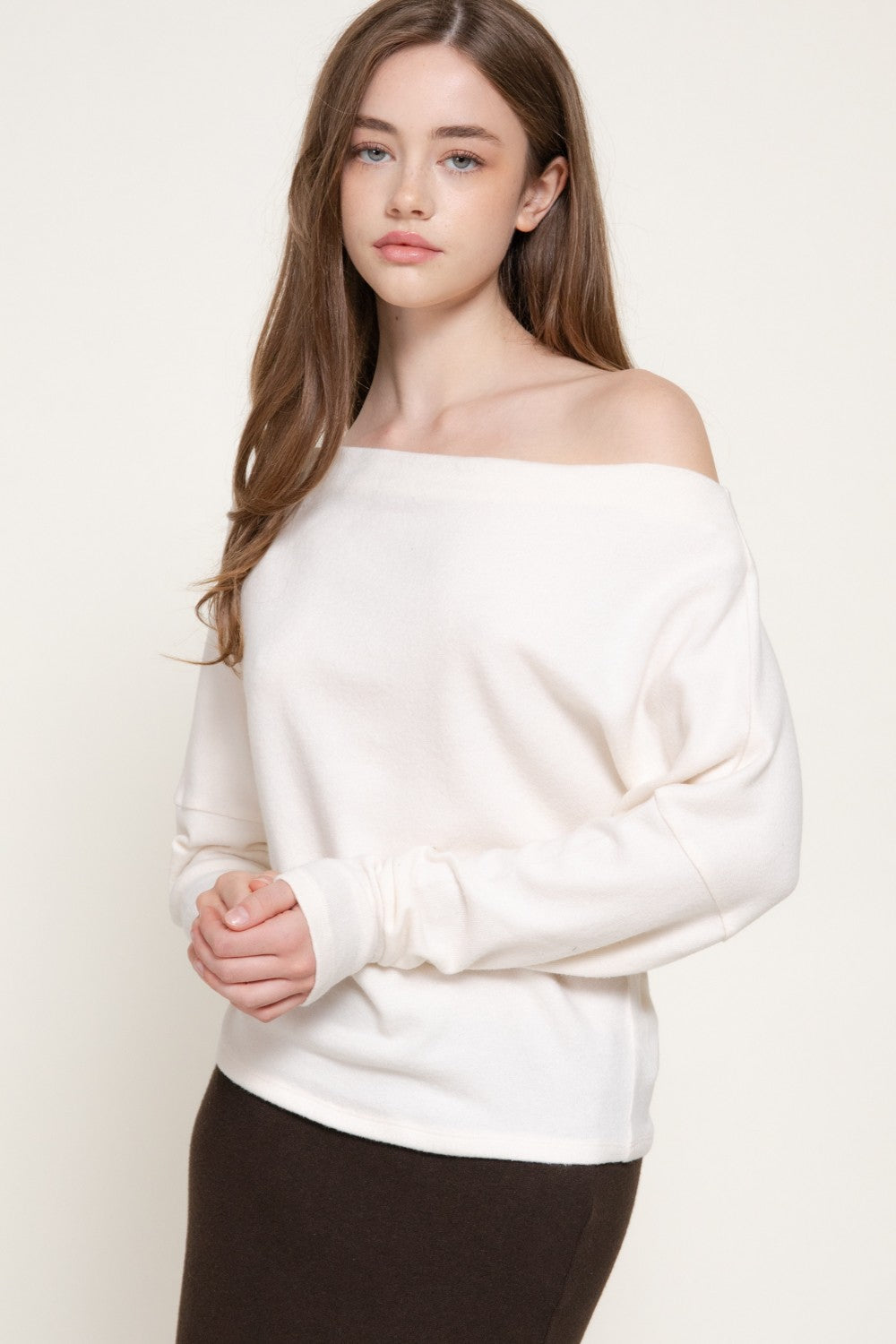Long Dolman Slv Wide Boat Neck Brushed Knit Top