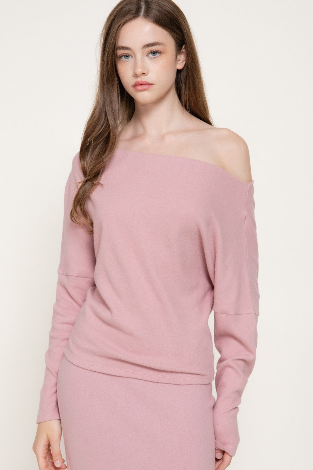 Long Dolman Slv Wide Boat Neck Brushed Knit Top