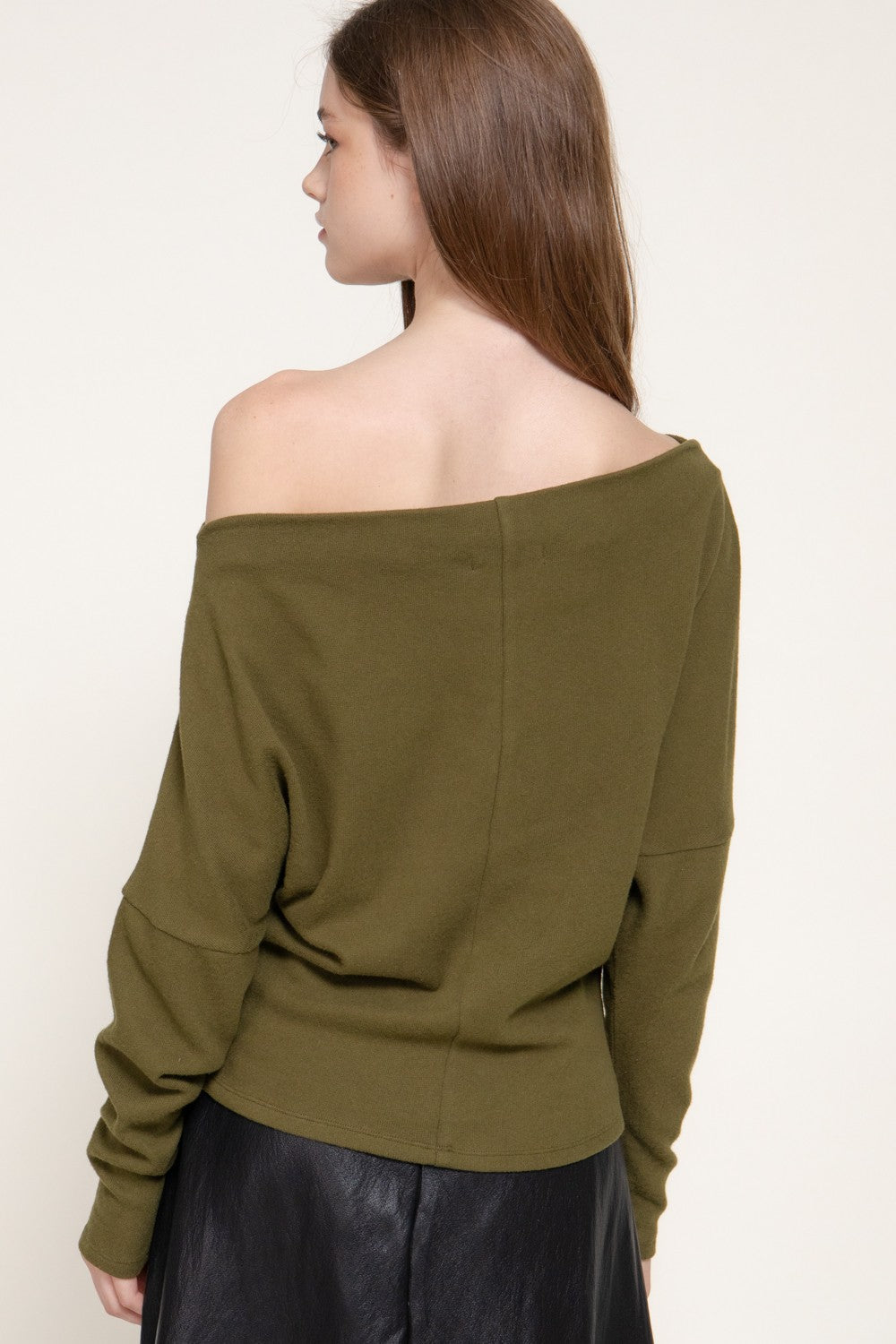 Long Dolman Slv Wide Boat Neck Brushed Knit Top