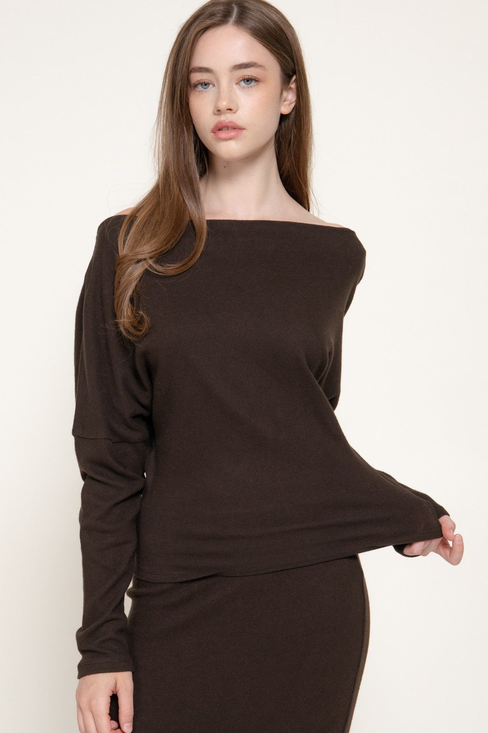 Long Dolman Slv Wide Boat Neck Brushed Knit Top