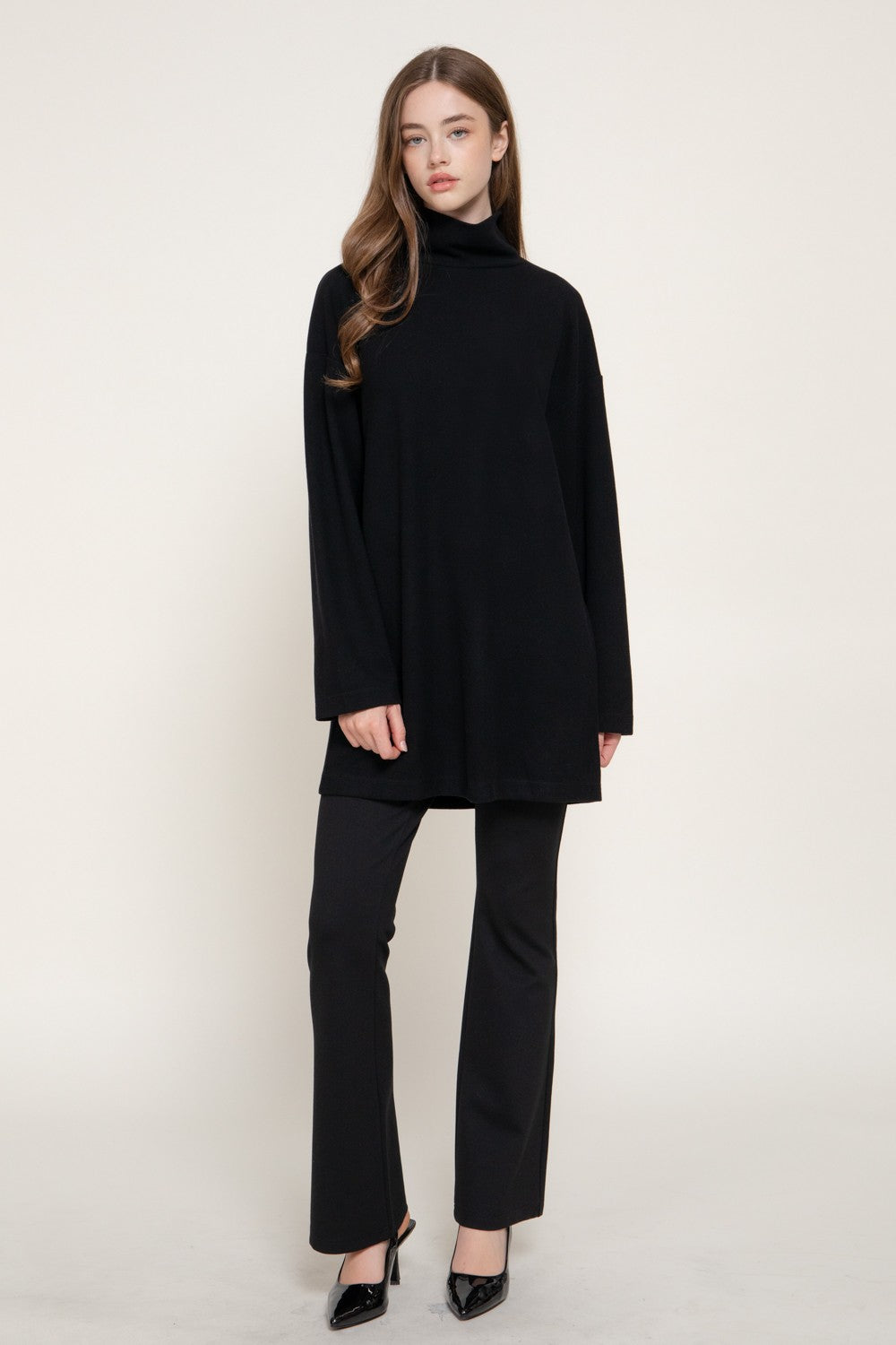 Long Slv High Neck Brushed Knit Mini Dress