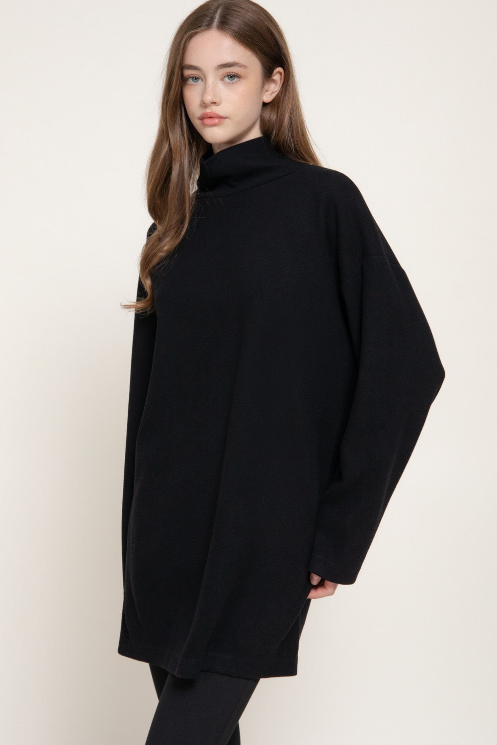 Long Slv High Neck Brushed Knit Mini Dress