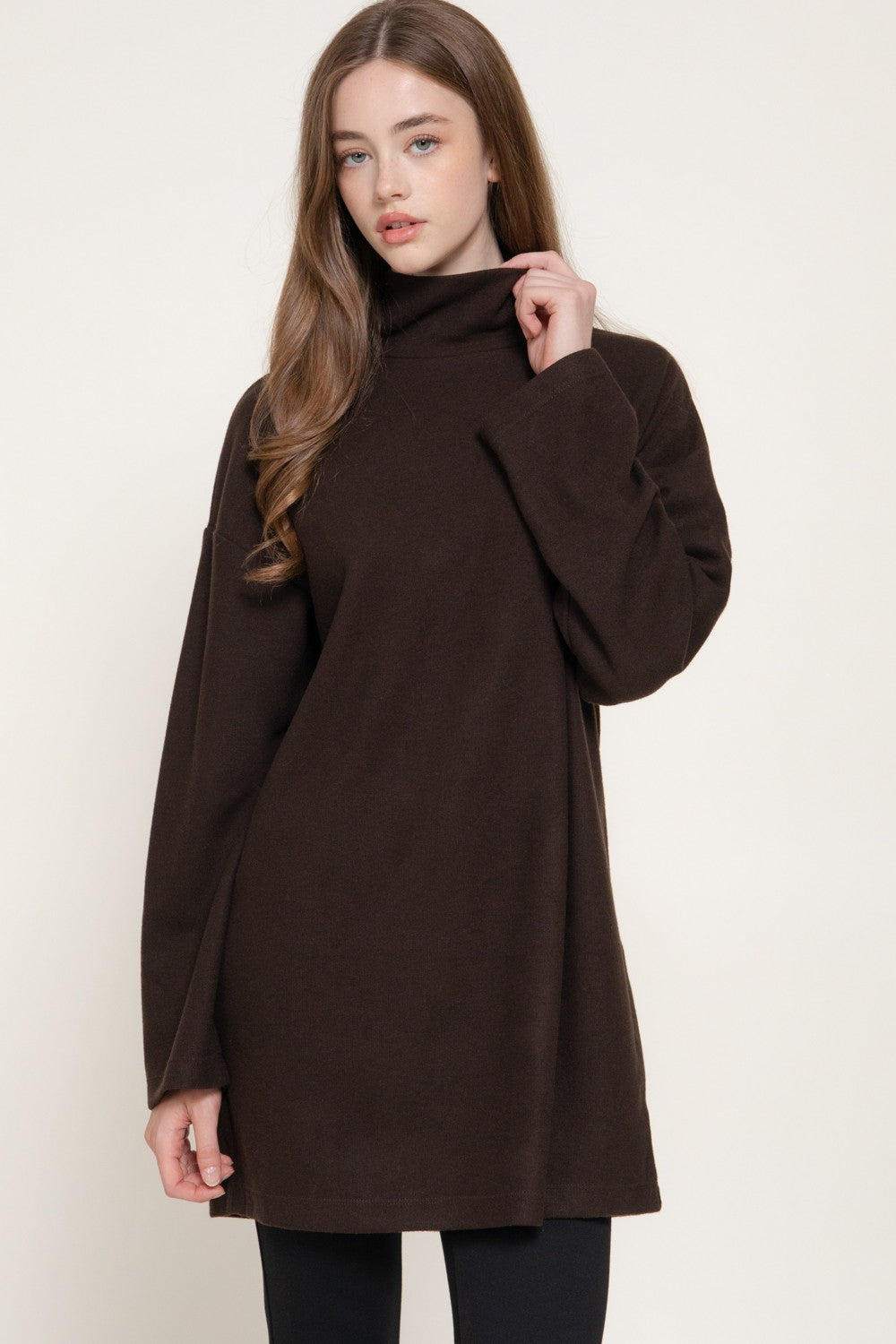 Long Slv High Neck Brushed Knit Mini Dress