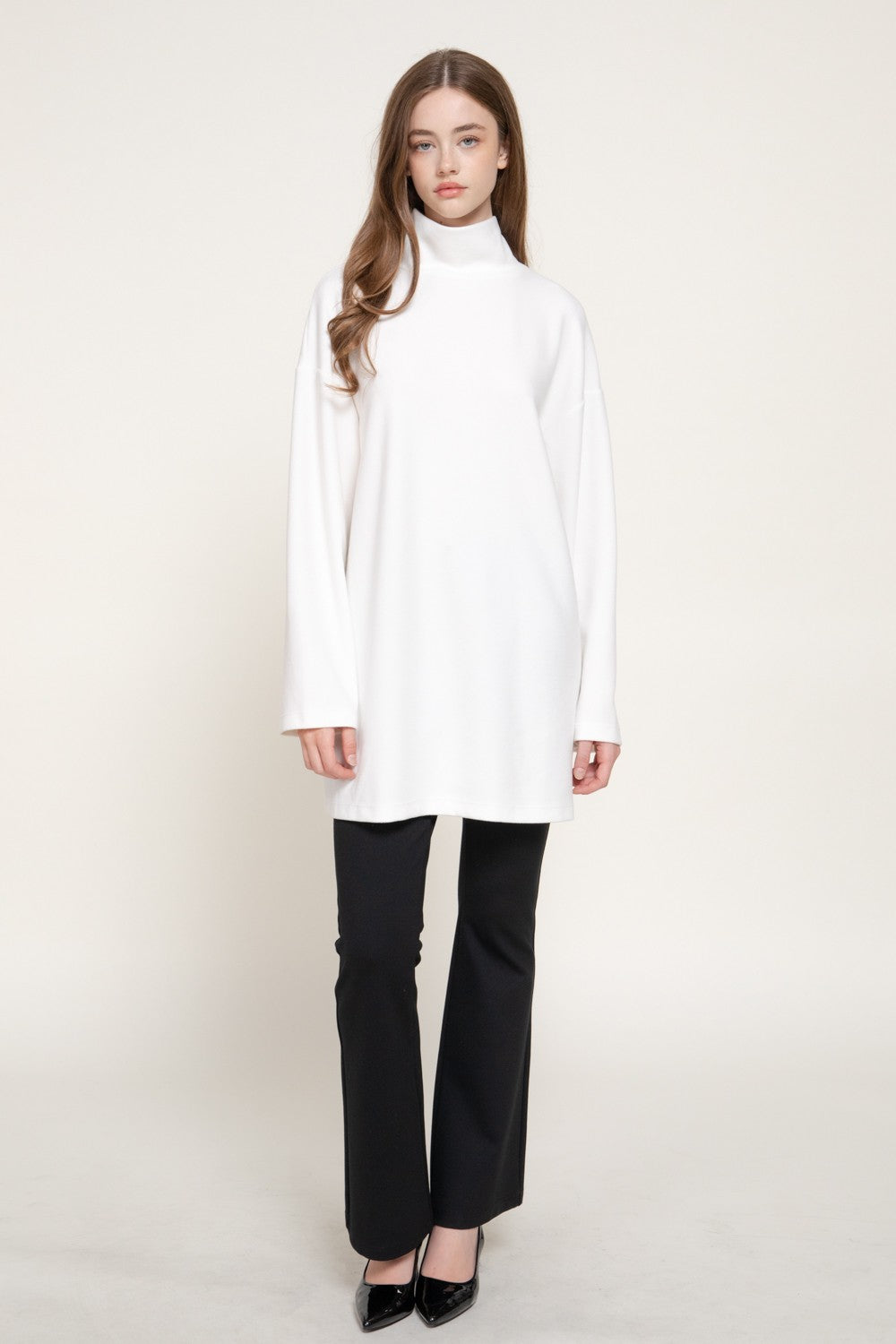 Long Slv High Neck Brushed Knit Mini Dress