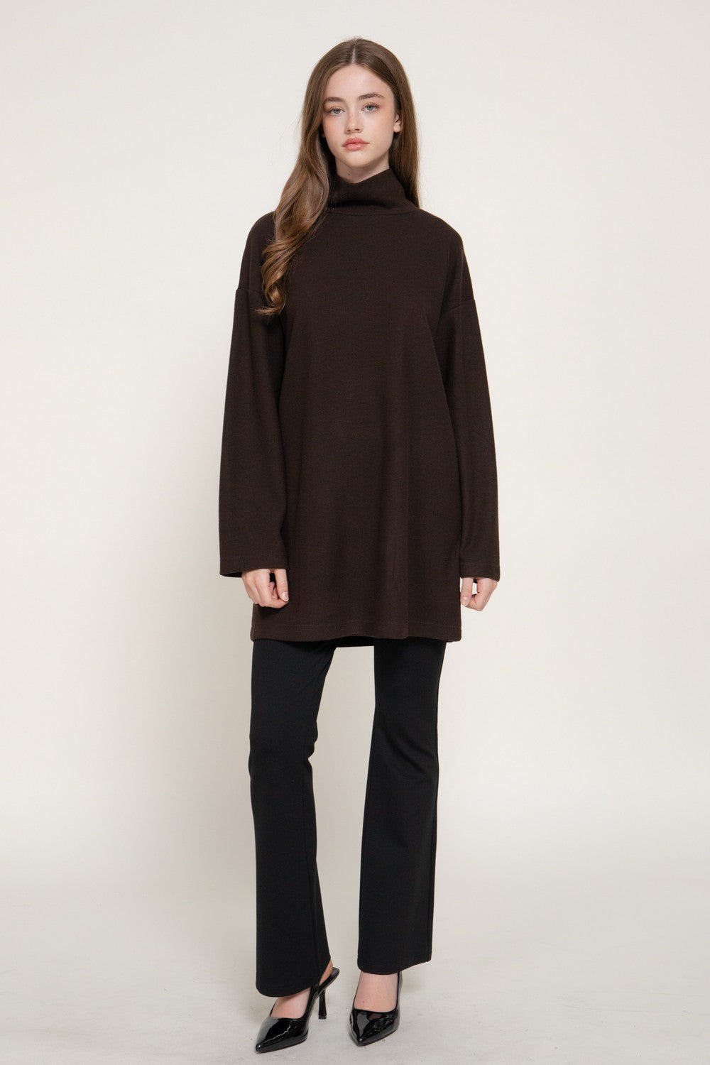 Long Slv High Neck Brushed Knit Mini Dress