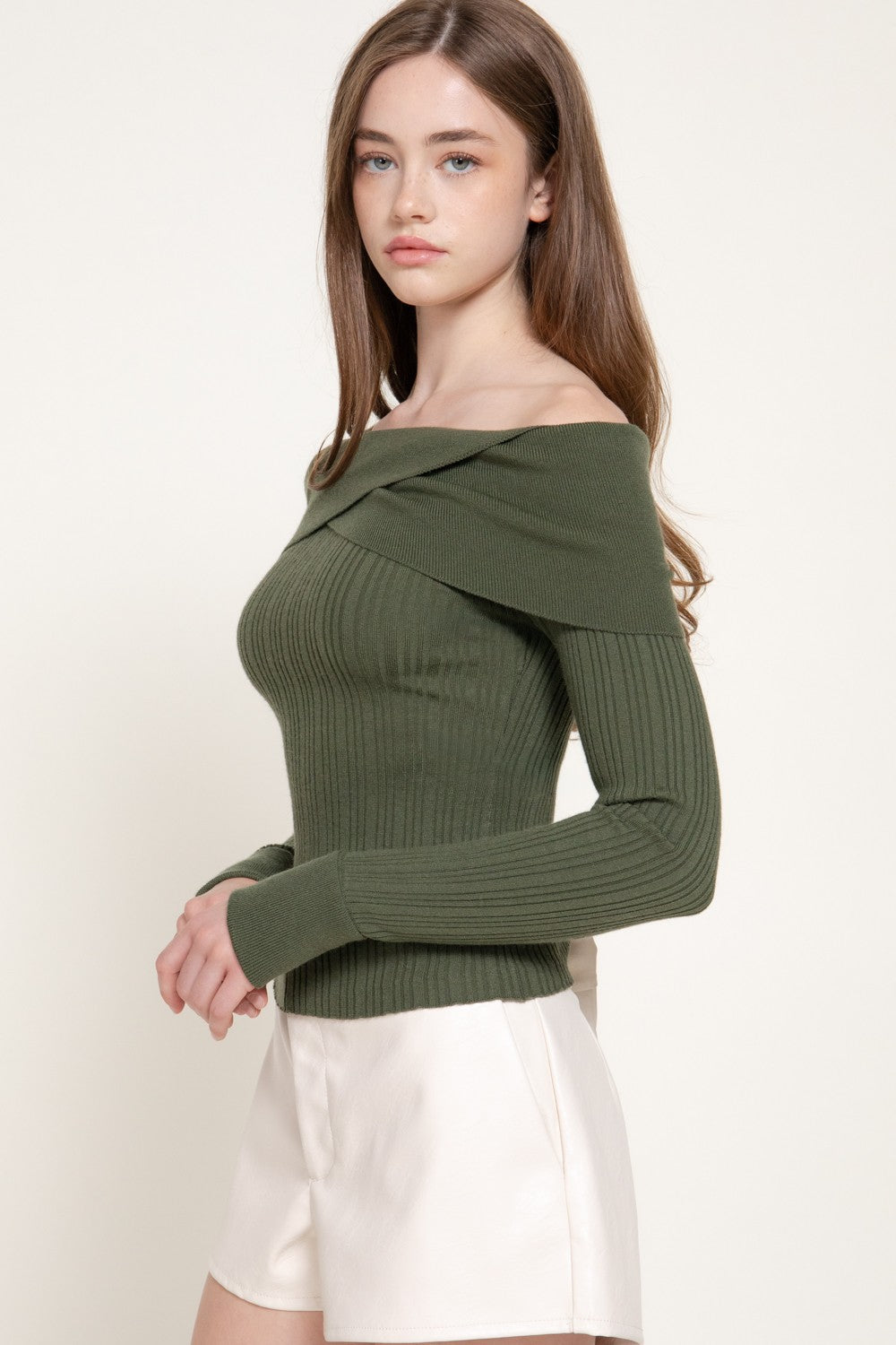 Long Slv Texture Off The Shoulder Sweater