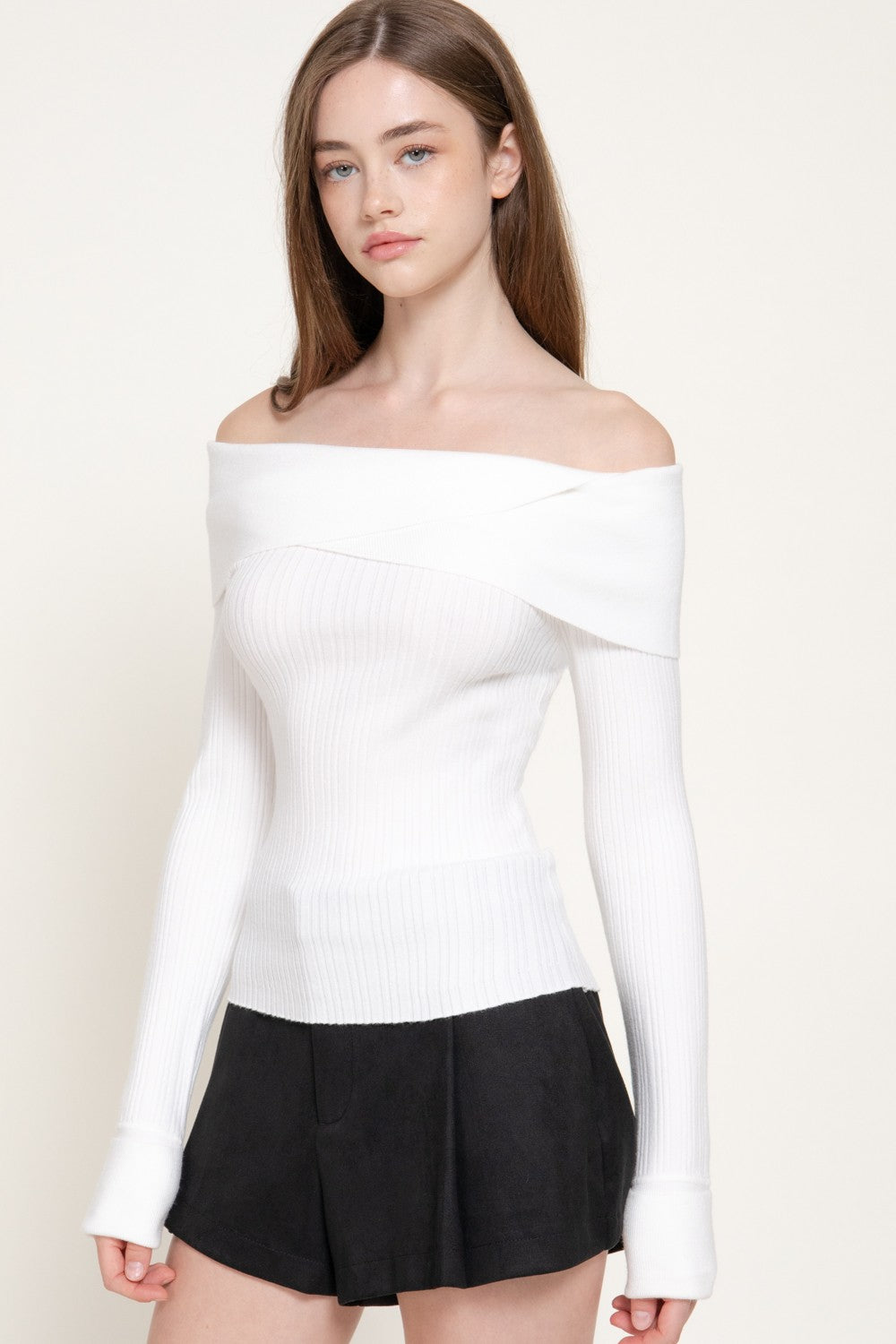 Long Slv Texture Off The Shoulder Sweater
