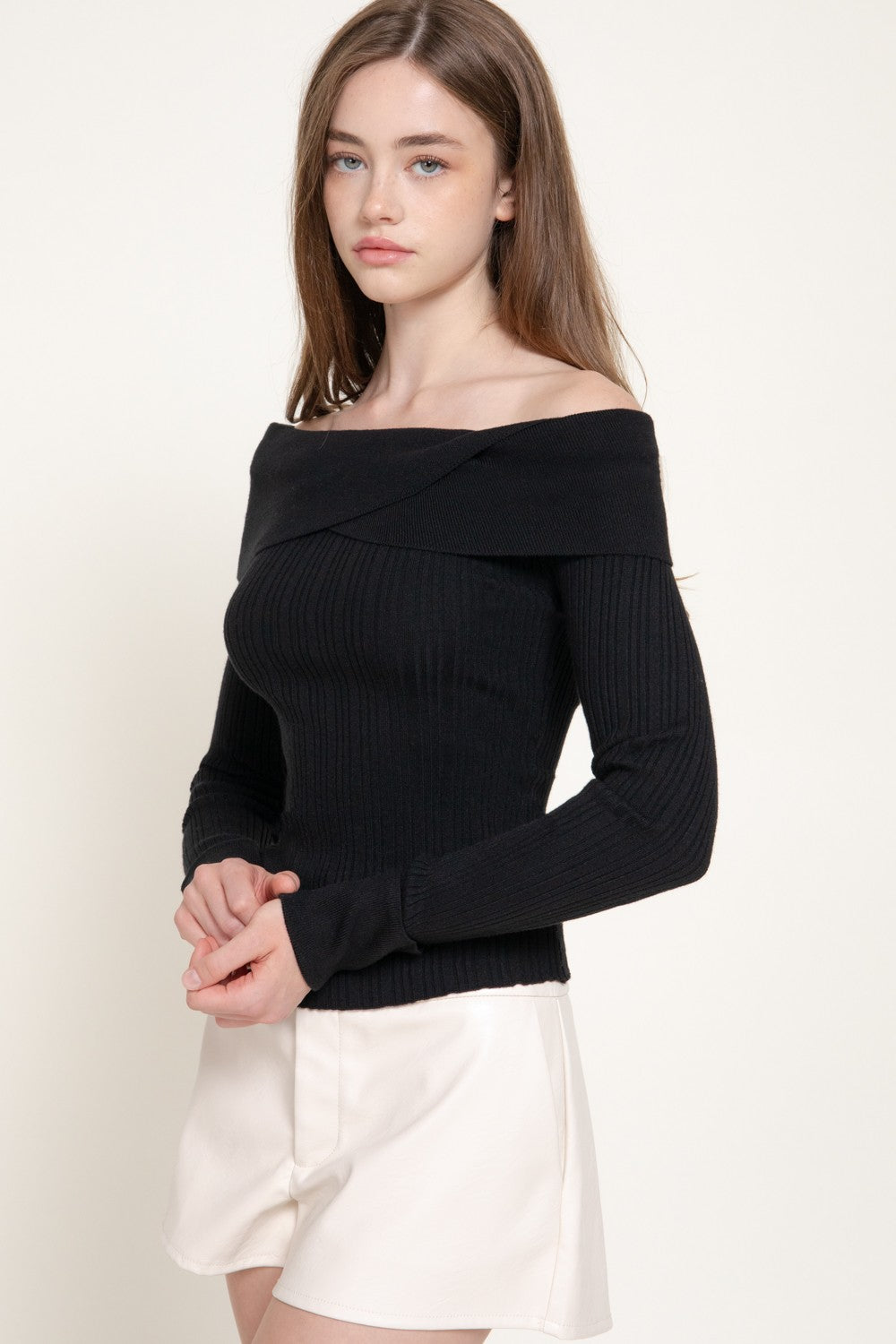 Long Slv Texture Off The Shoulder Sweater