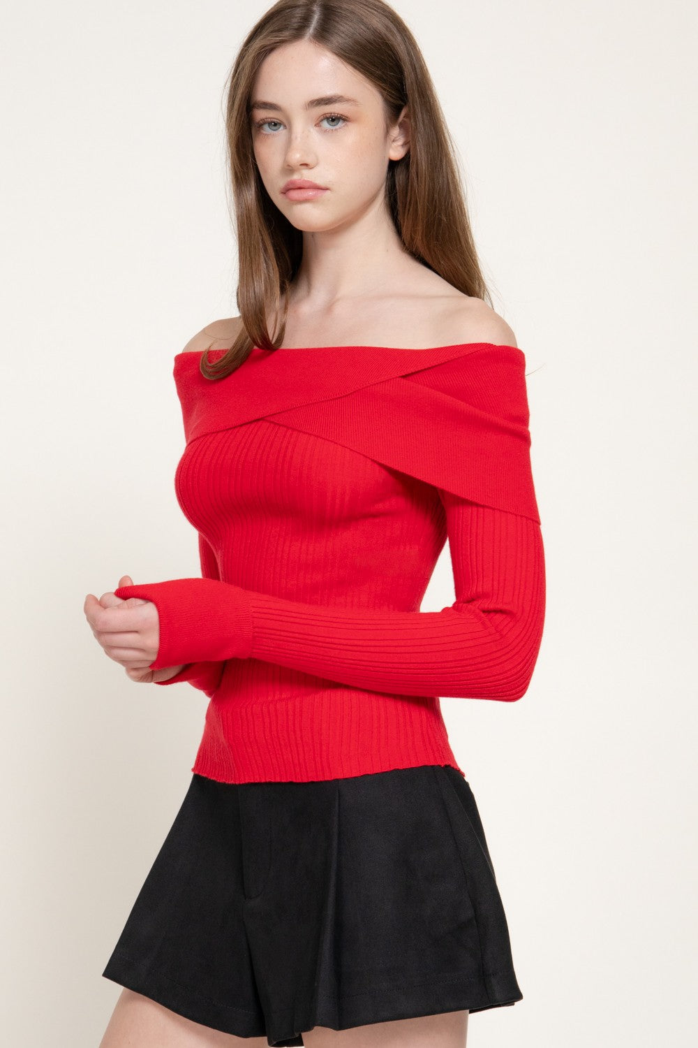 Long Slv Texture Off The Shoulder Sweater