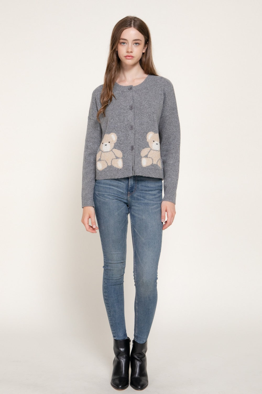 Long Slv Jacquard Bear Sweater Cardigan