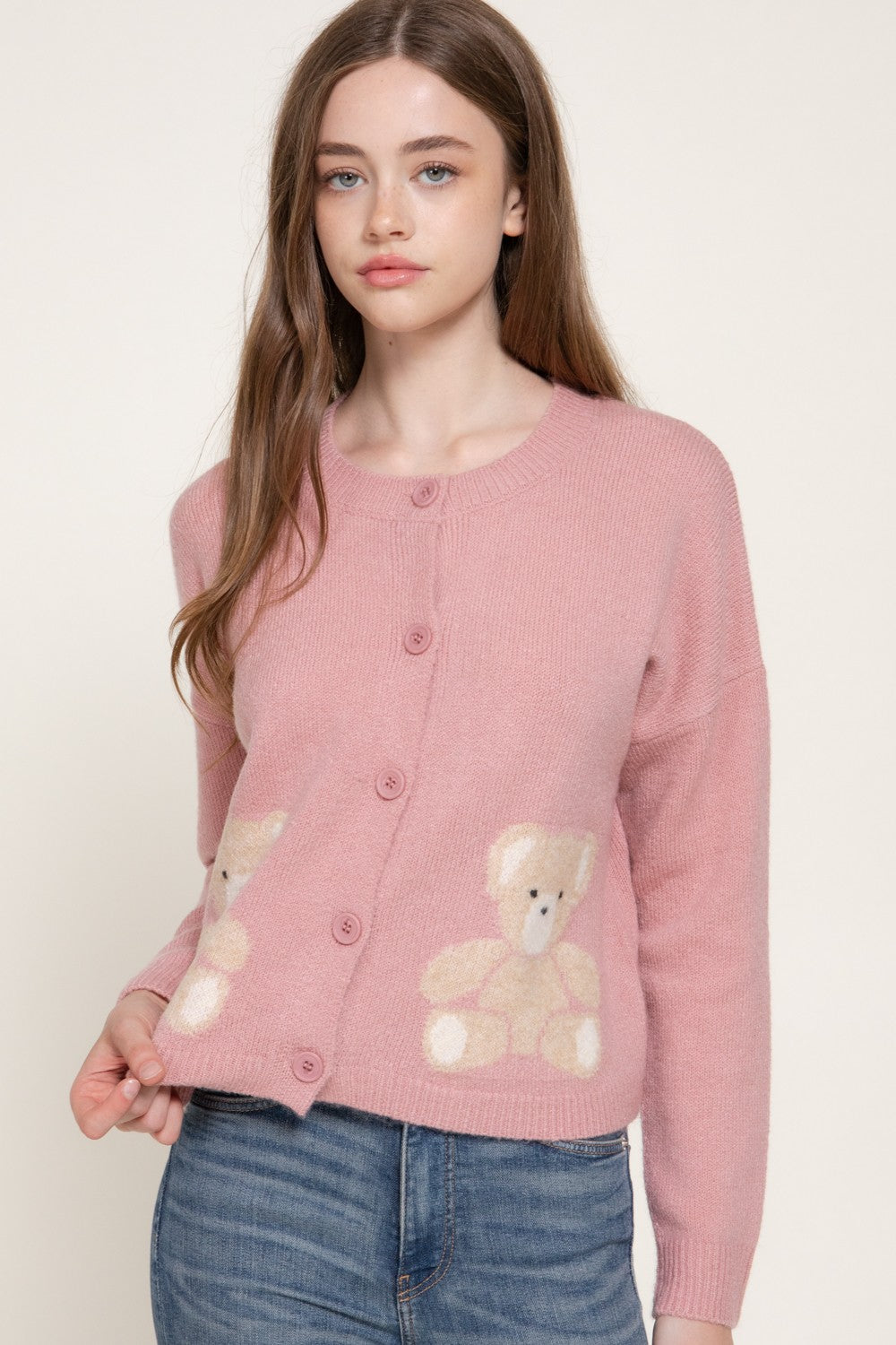Long Slv Jacquard Bear Sweater Cardigan