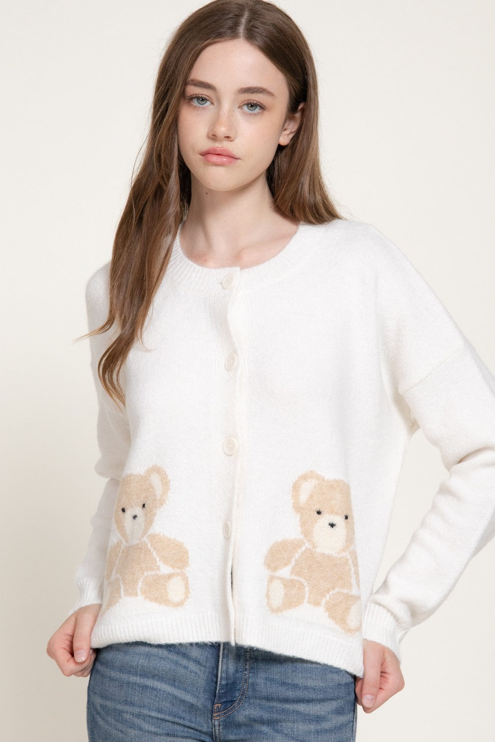 Long Slv Jacquard Bear Sweater Cardigan