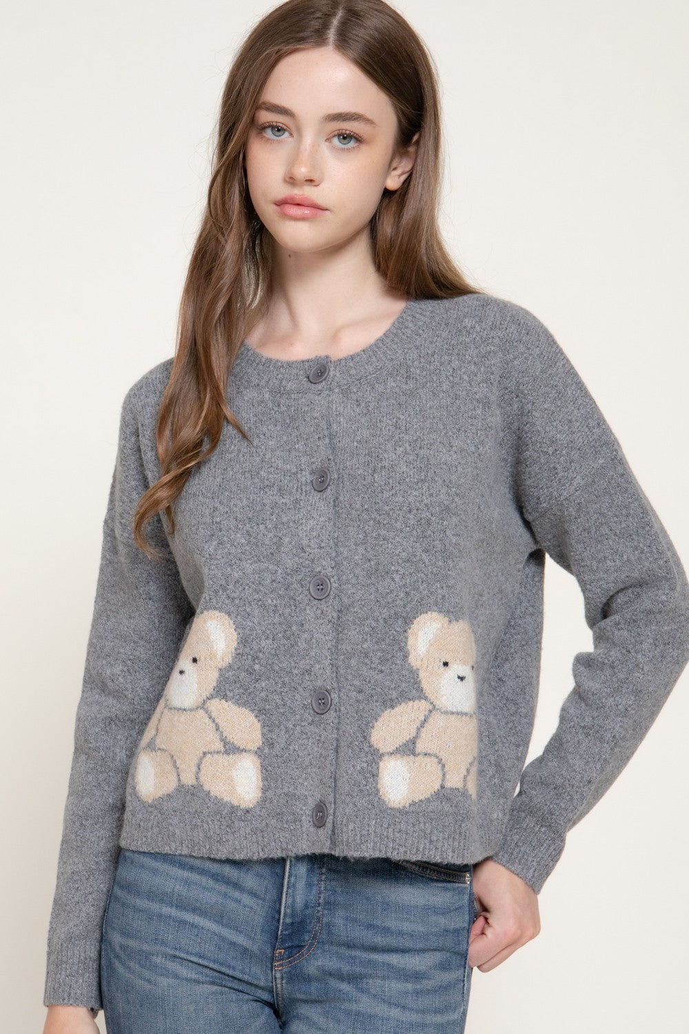 Long Slv Jacquard Bear Sweater Cardigan