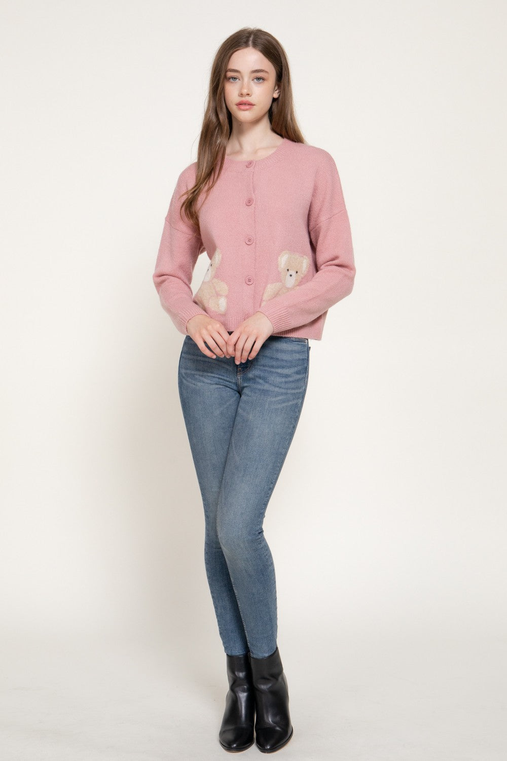 Long Slv Jacquard Bear Sweater Cardigan
