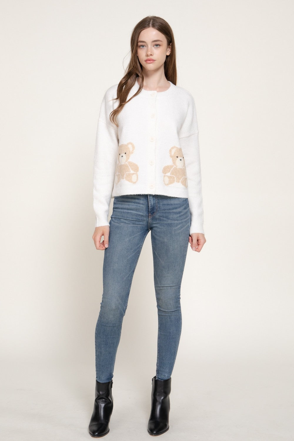 Long Slv Jacquard Bear Sweater Cardigan