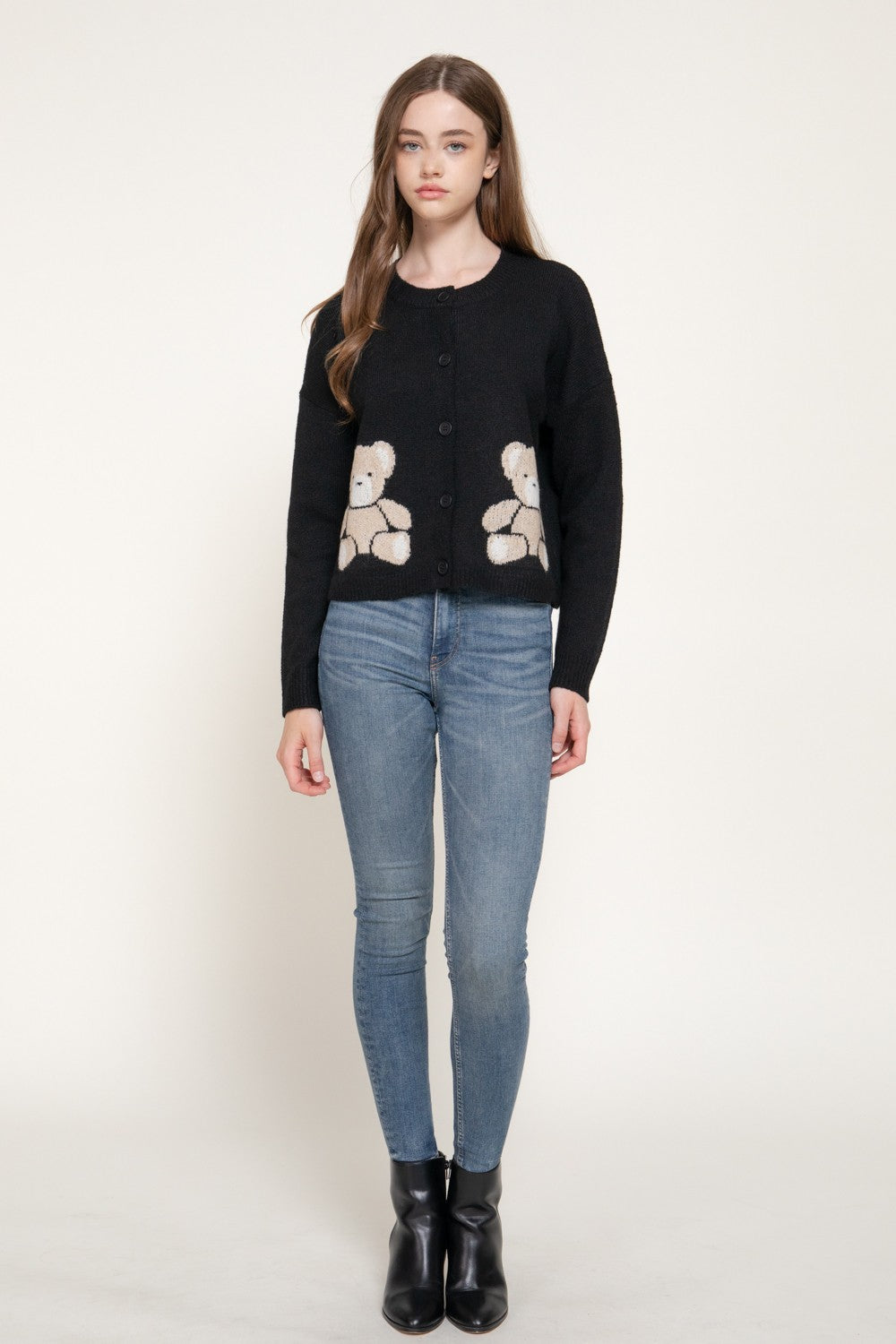 Long Slv Jacquard Bear Sweater Cardigan