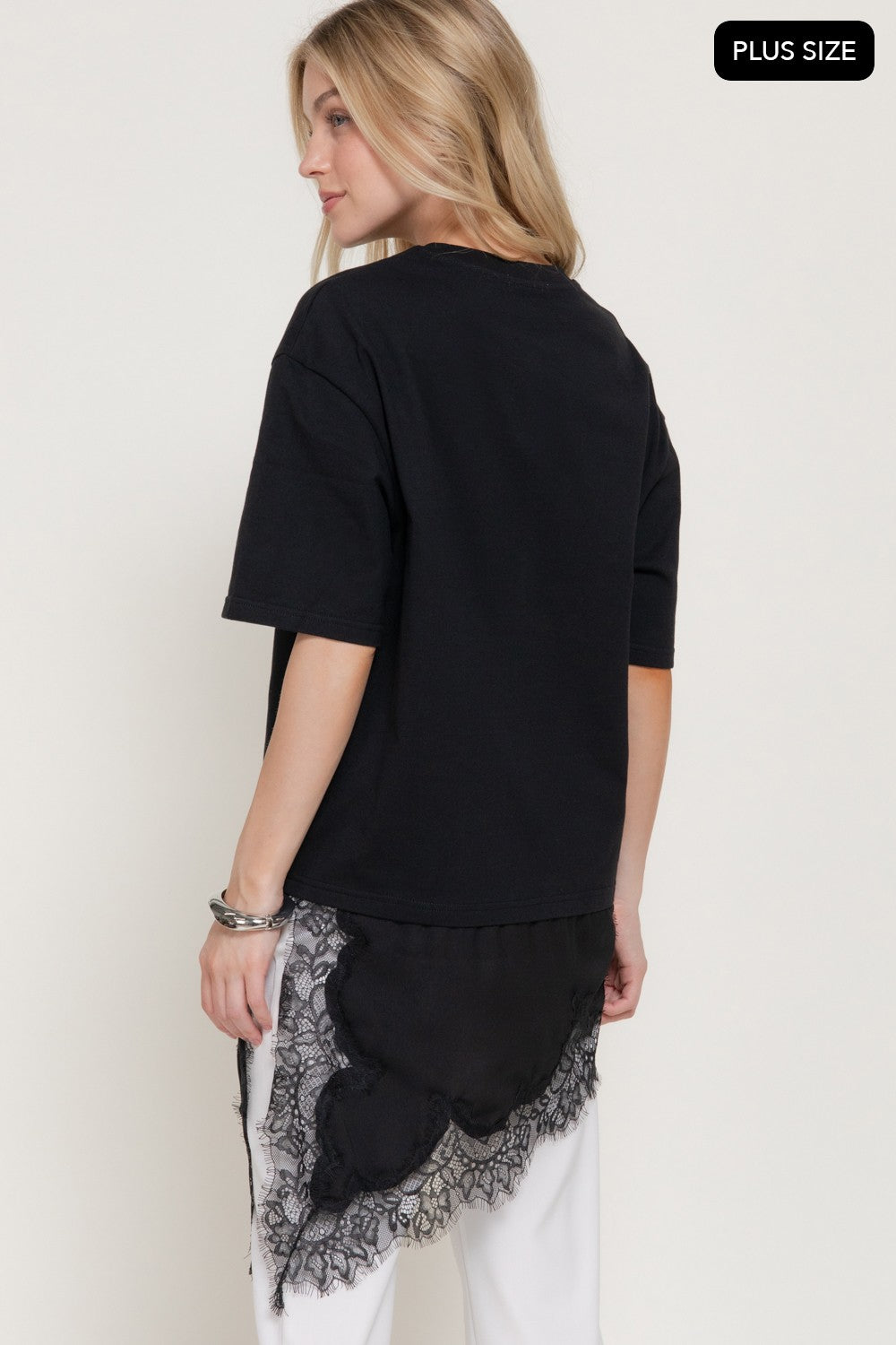 Short Slv Asymmetrical Hem Tonal Lace Knit Top