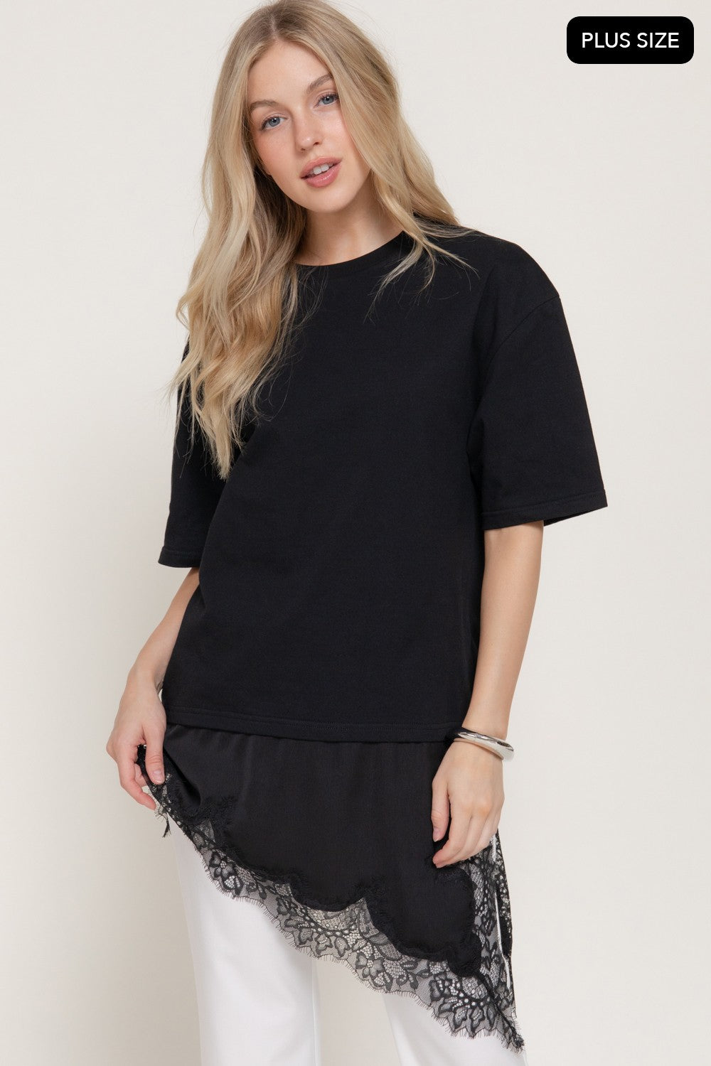Short Slv Asymmetrical Hem Tonal Lace Knit Top