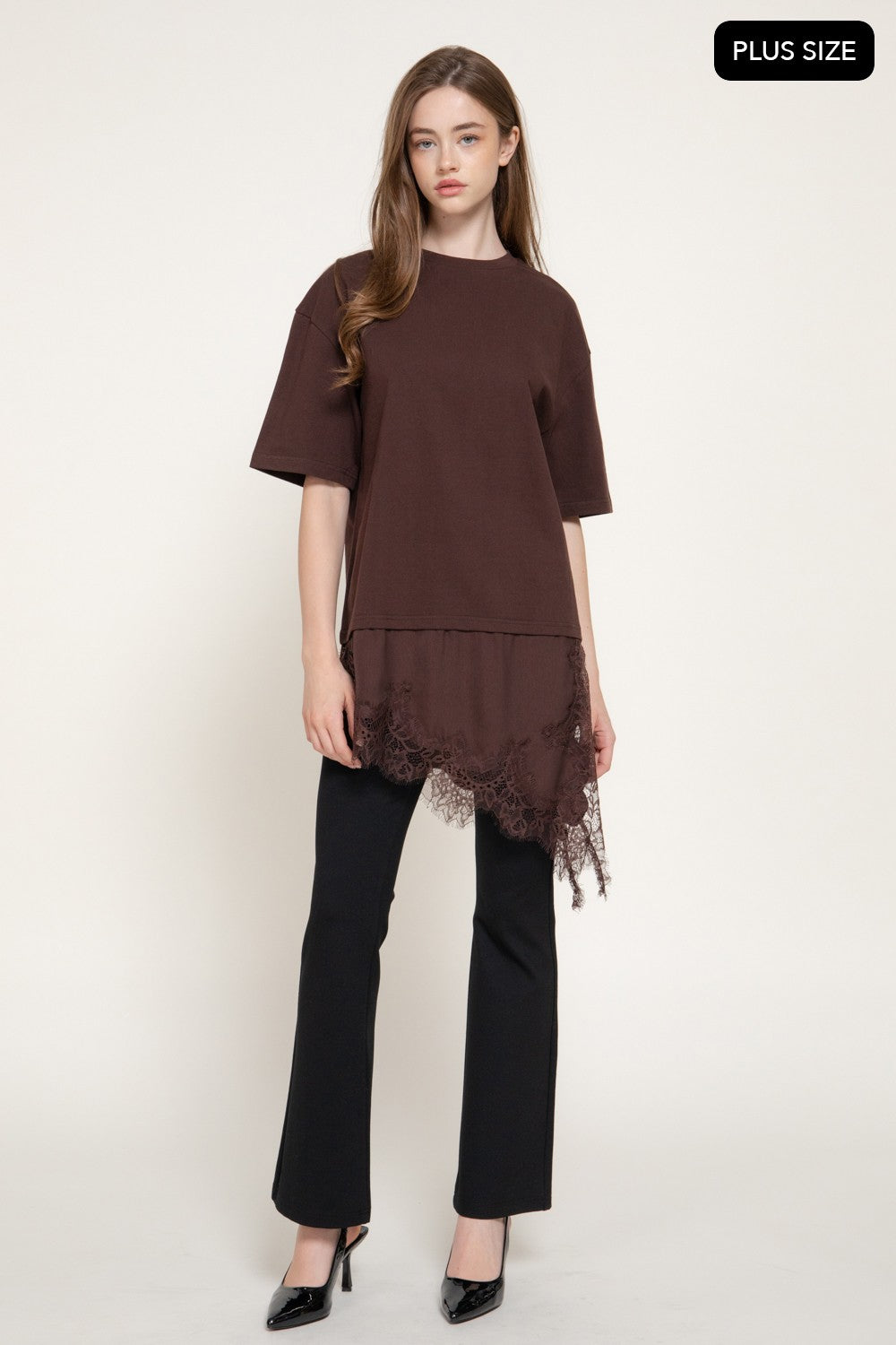 Short Slv Asymmetrical Hem Tonal Lace Knit Top