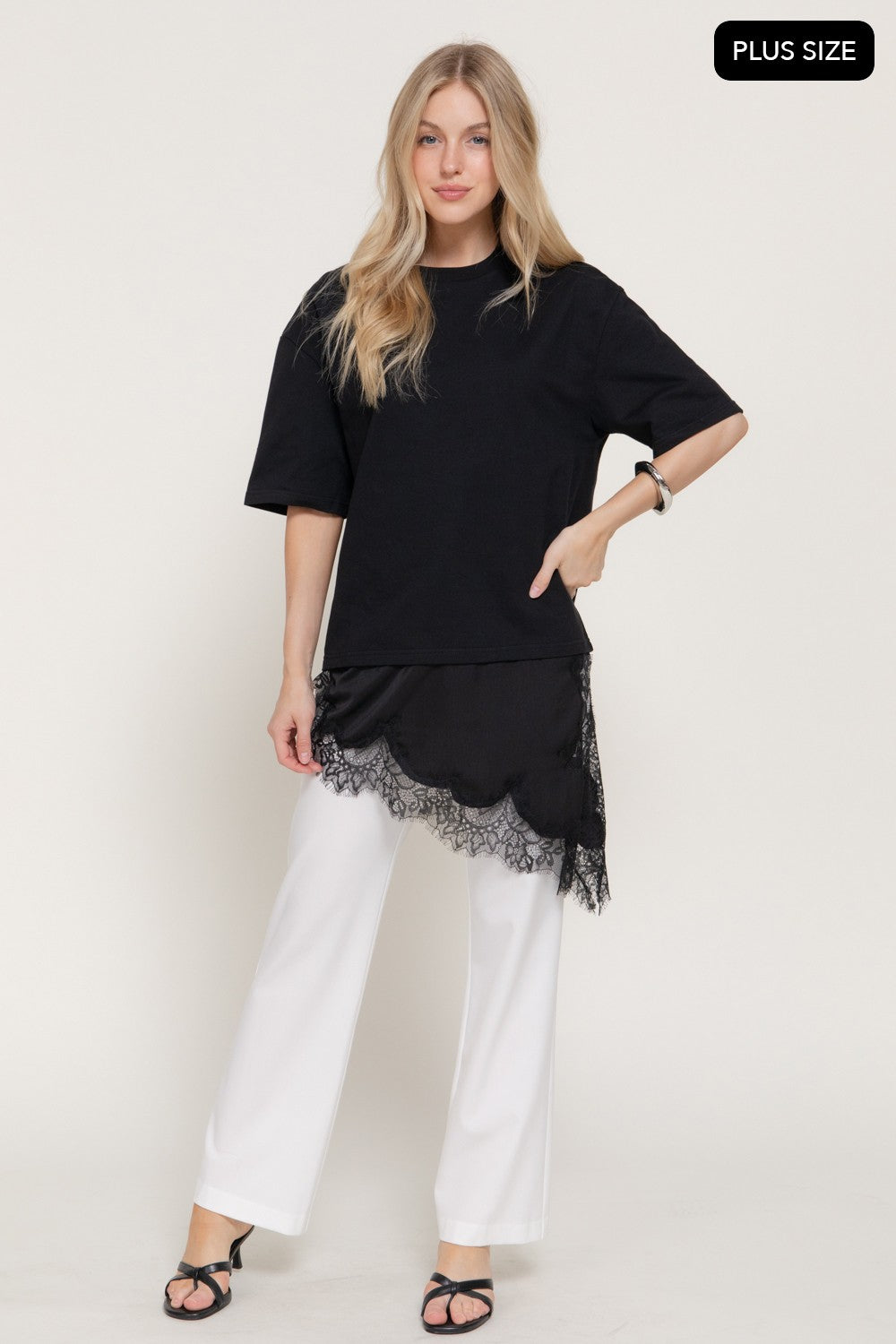 Short Slv Asymmetrical Hem Tonal Lace Knit Top