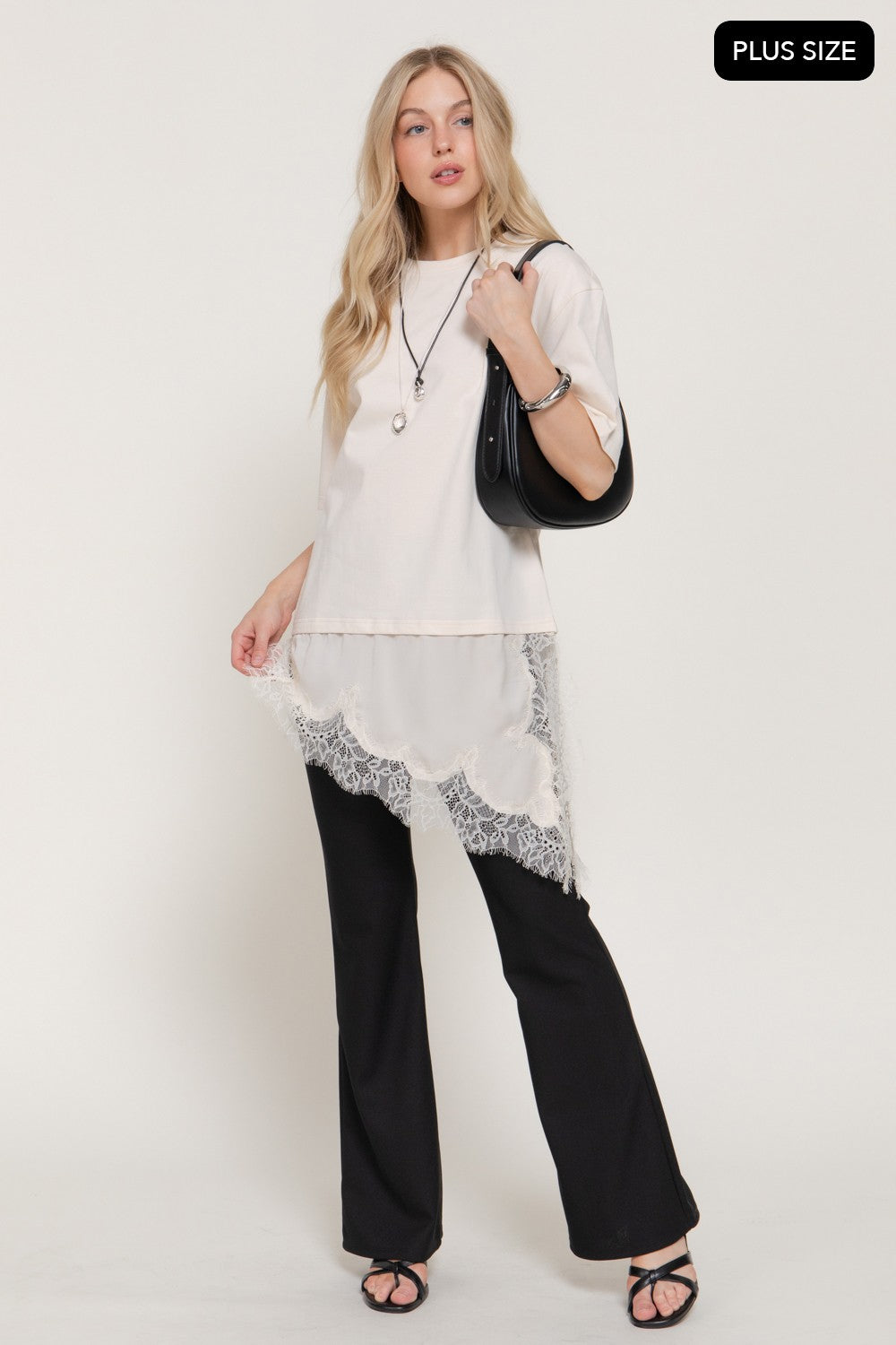 Short Slv Asymmetrical Hem Tonal Lace Knit Top