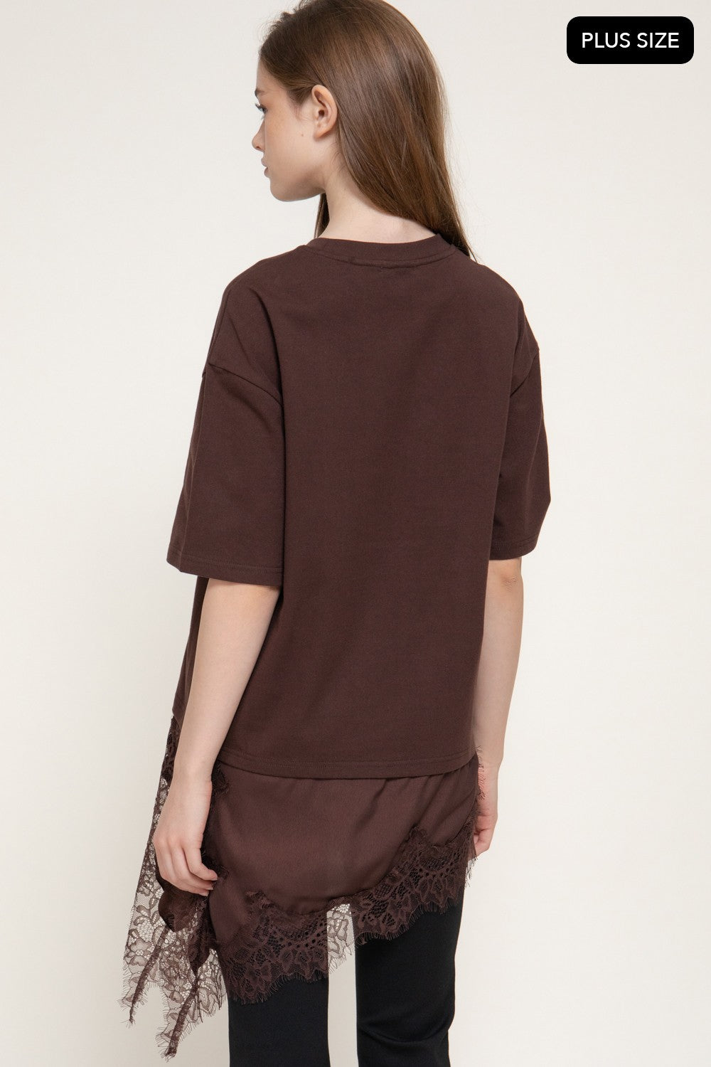 Short Slv Asymmetrical Hem Tonal Lace Knit Top