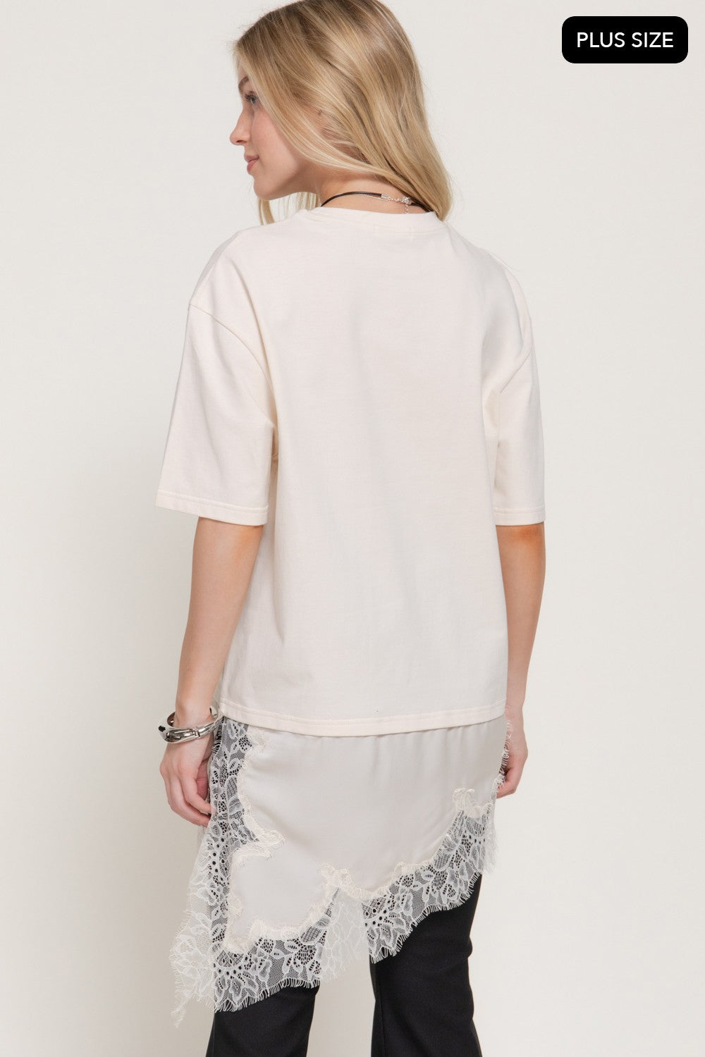 Short Slv Asymmetrical Hem Tonal Lace Knit Top