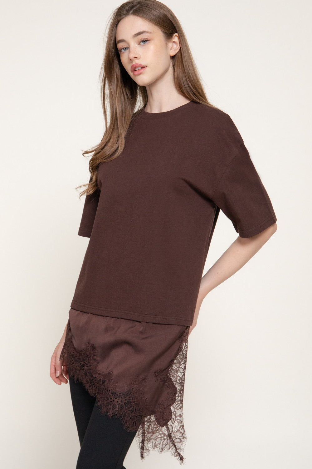 Short Slv Asymmetrical Hem Tonal Lace Knit Top