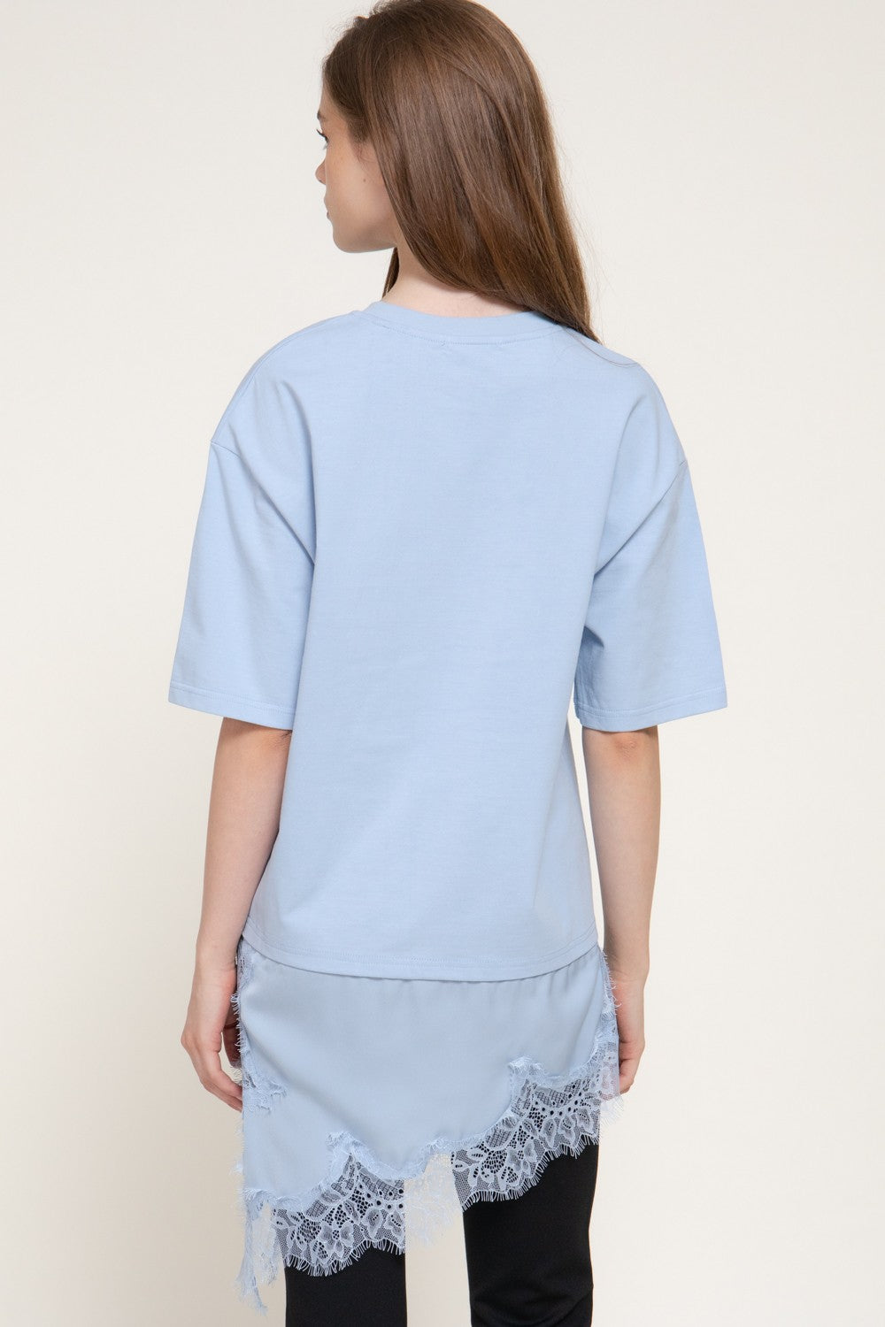Short Slv Asymmetrical Hem Tonal Lace Knit Top