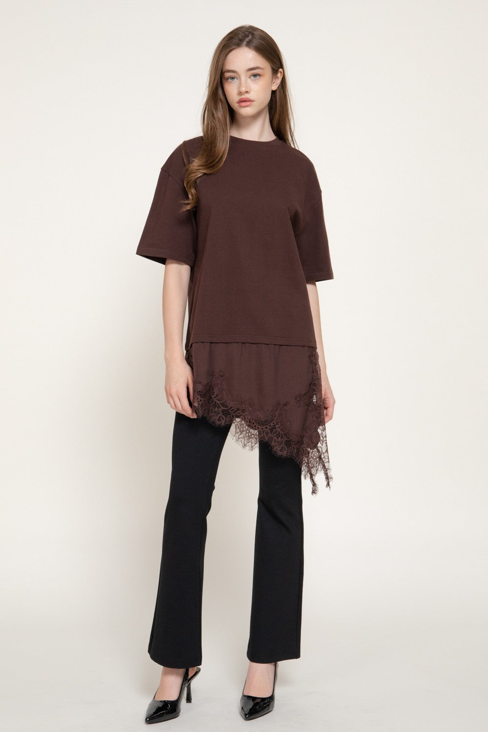 Short Slv Asymmetrical Hem Tonal Lace Knit Top