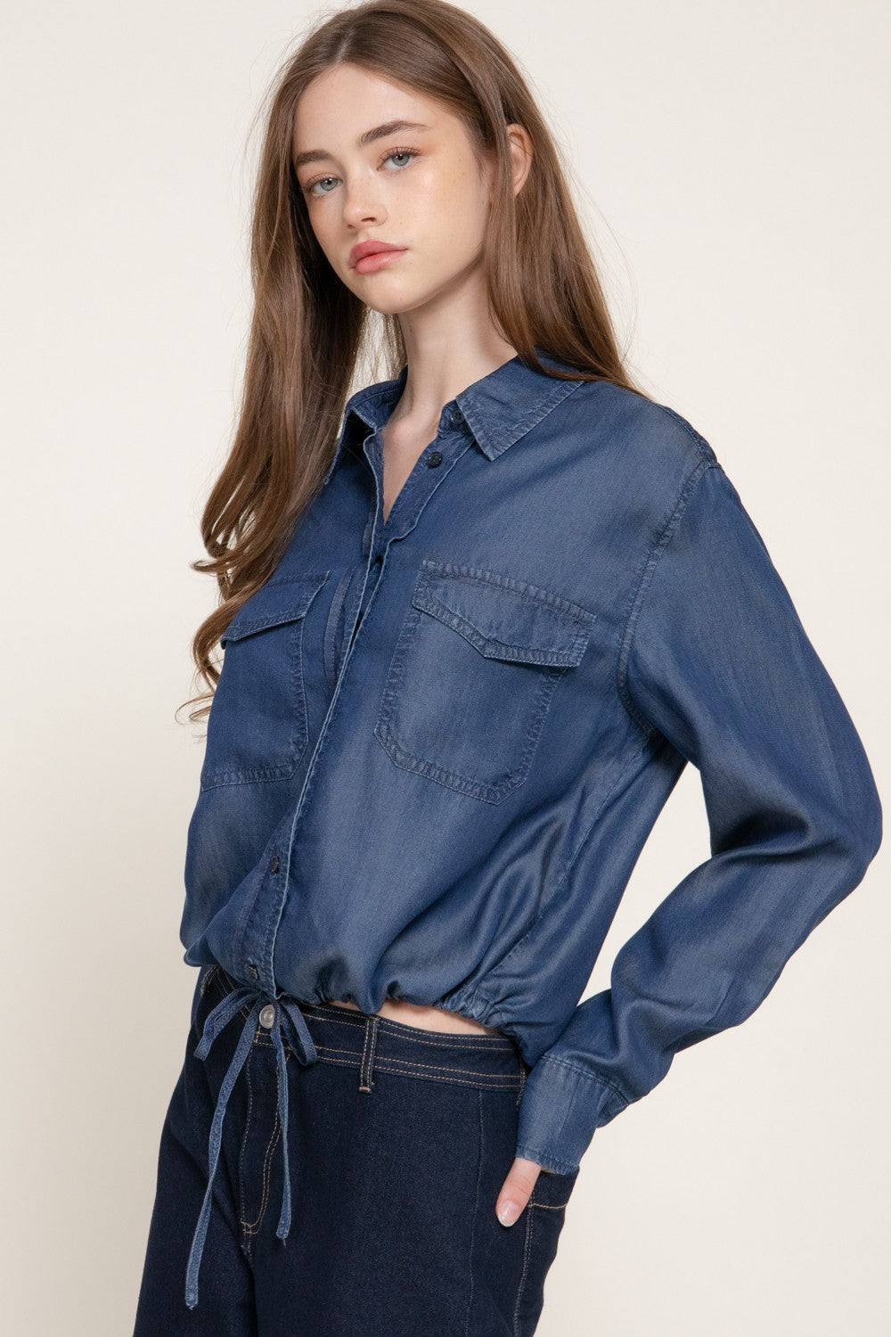 Long Slv Lyocell Shirt W/ Adjustable Drawsting Hem