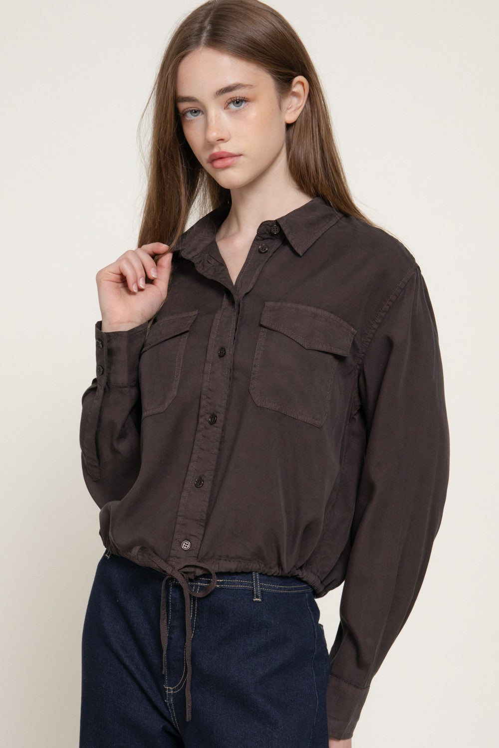 Long Slv Lyocell Shirt W/ Adjustable Drawsting Hem