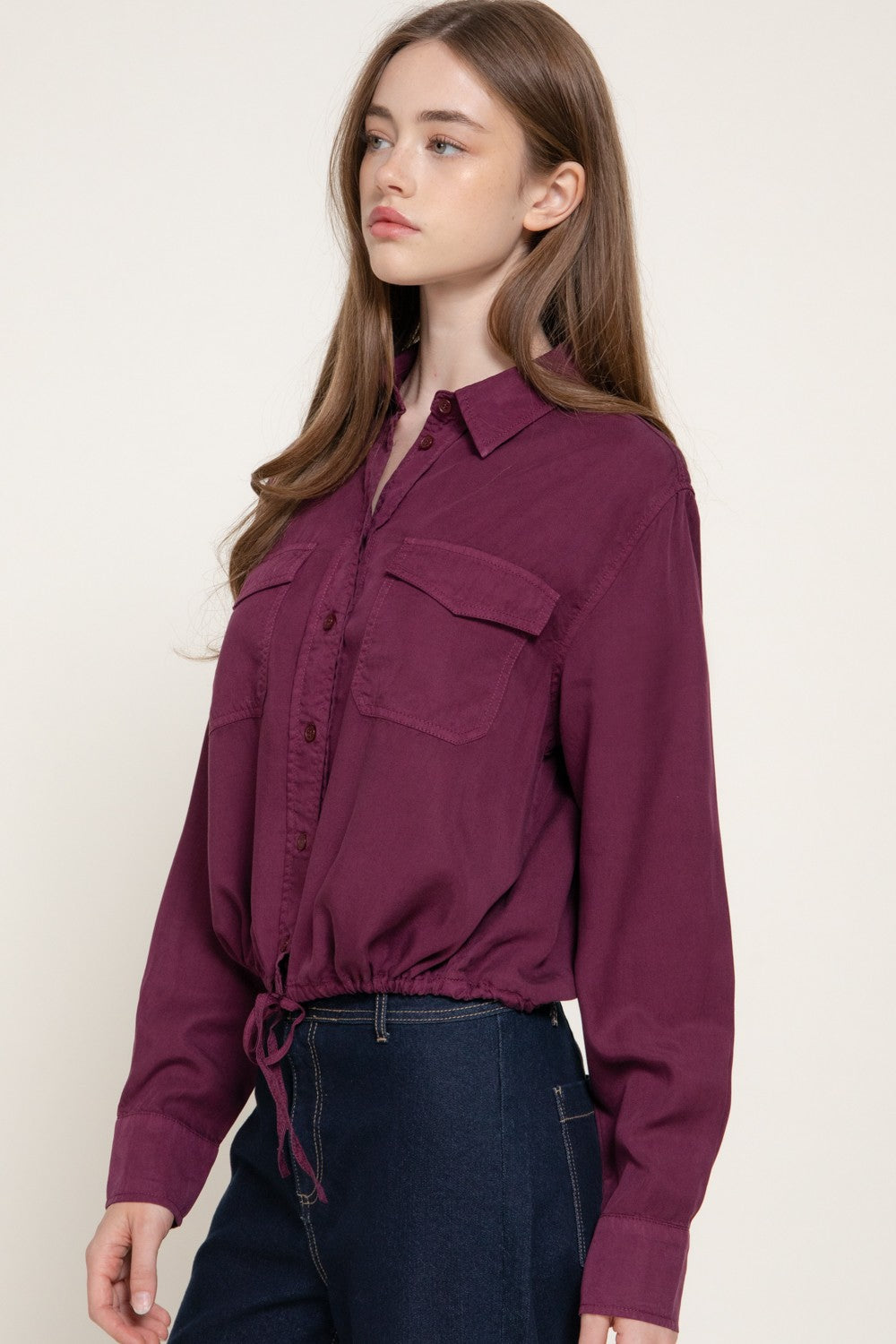 Long Slv Lyocell Shirt W/ Adjustable Drawsting Hem