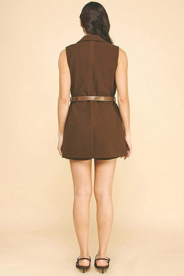 Brush Leather Belted Blazer Coat Vest