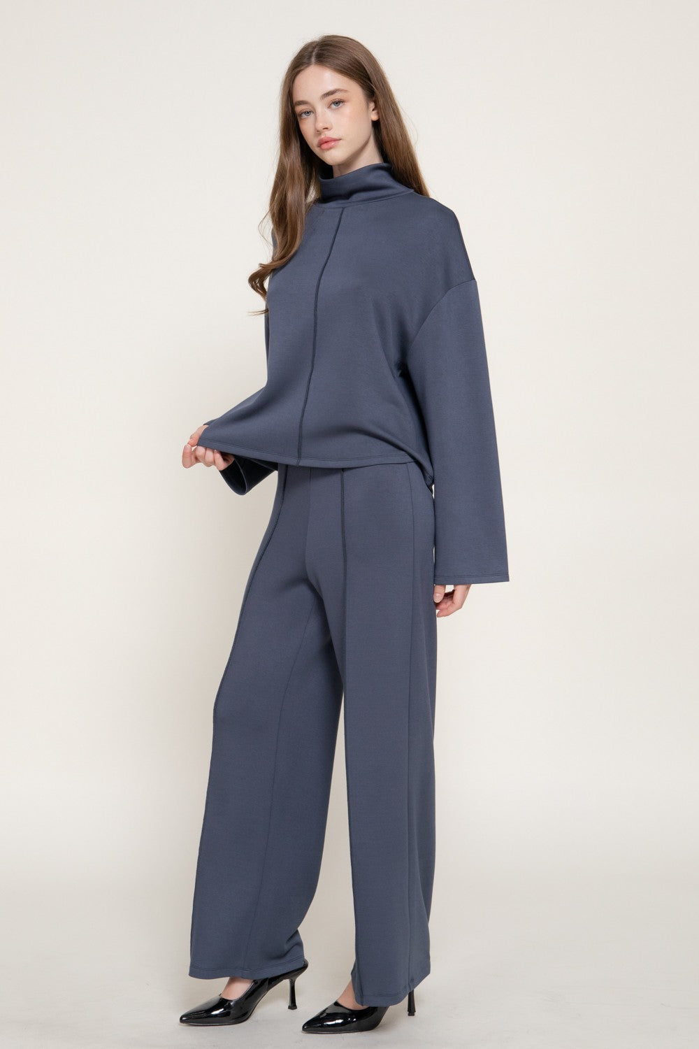 Long Slv Mock Neck Top & Straight Long Pants Set