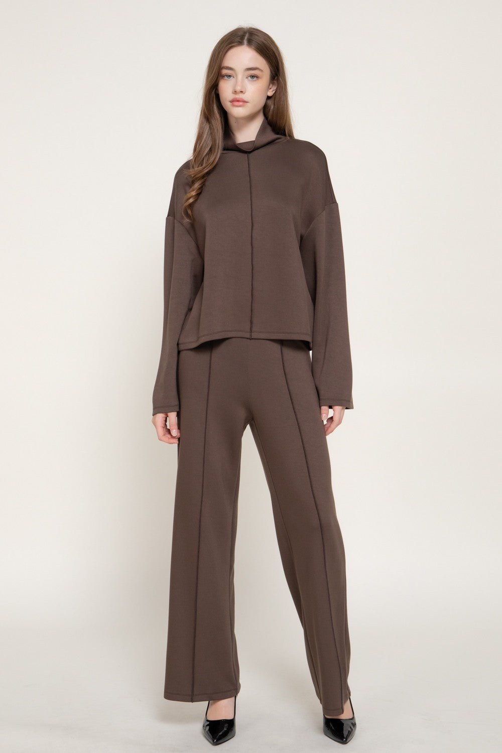 Long Slv Mock Neck Top & Straight Long Pants Set