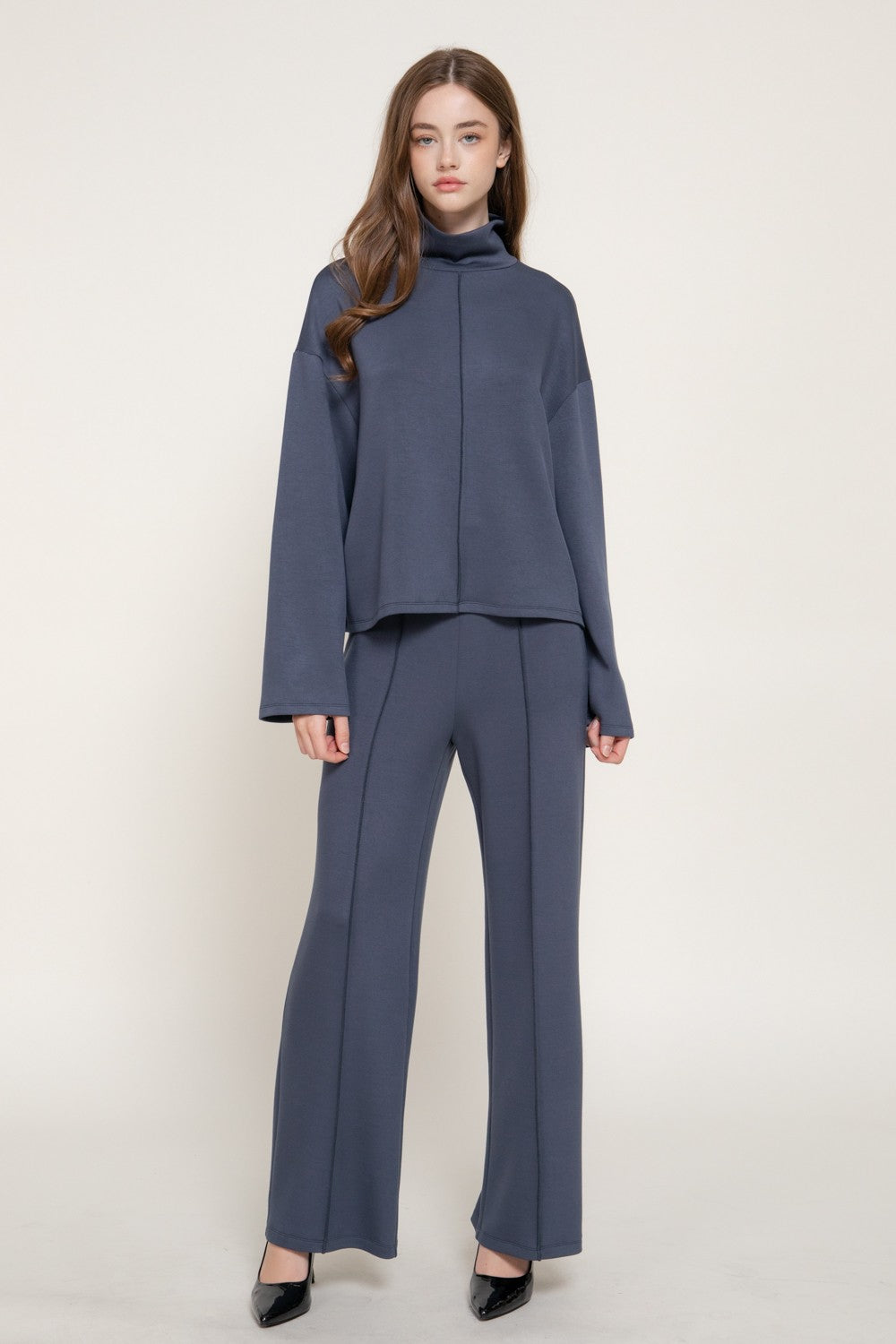 Long Slv Mock Neck Top & Straight Long Pants Set