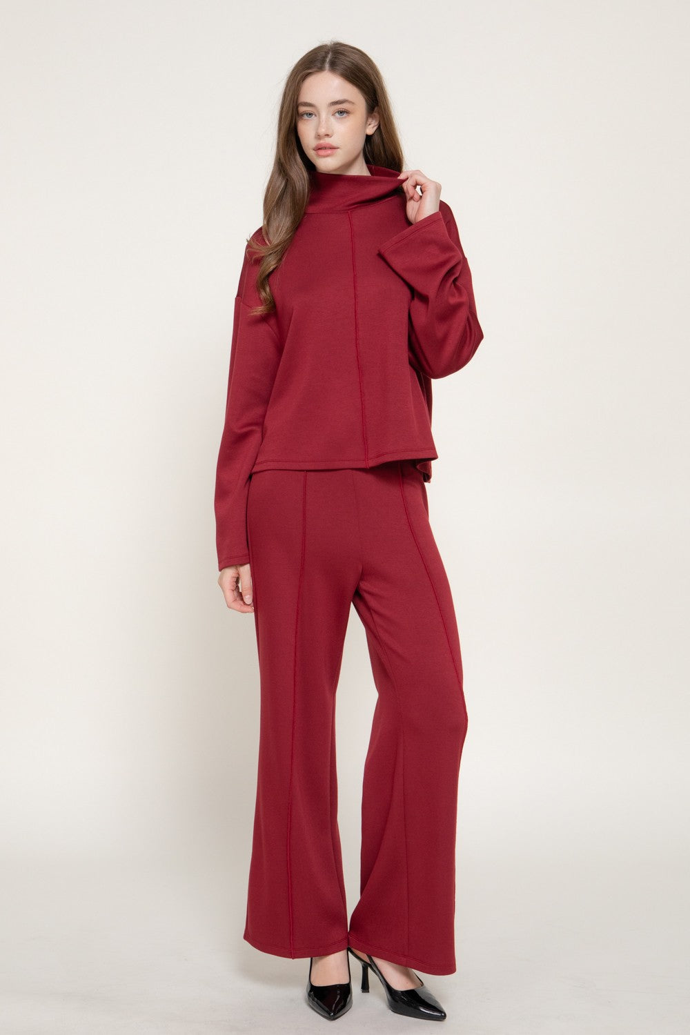 Long Slv Mock Neck Top & Straight Long Pants Set