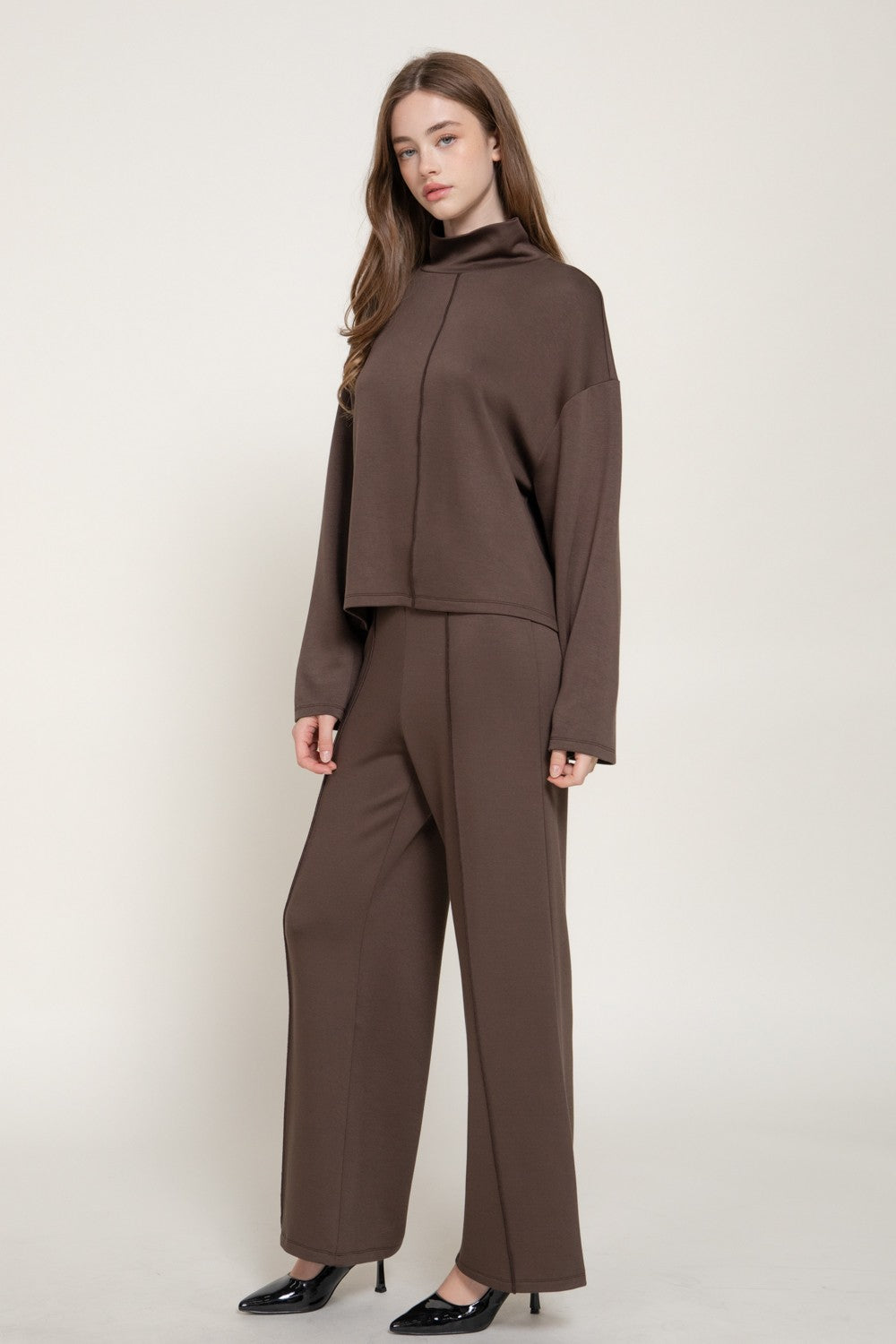 Long Slv Mock Neck Top & Straight Long Pants Set