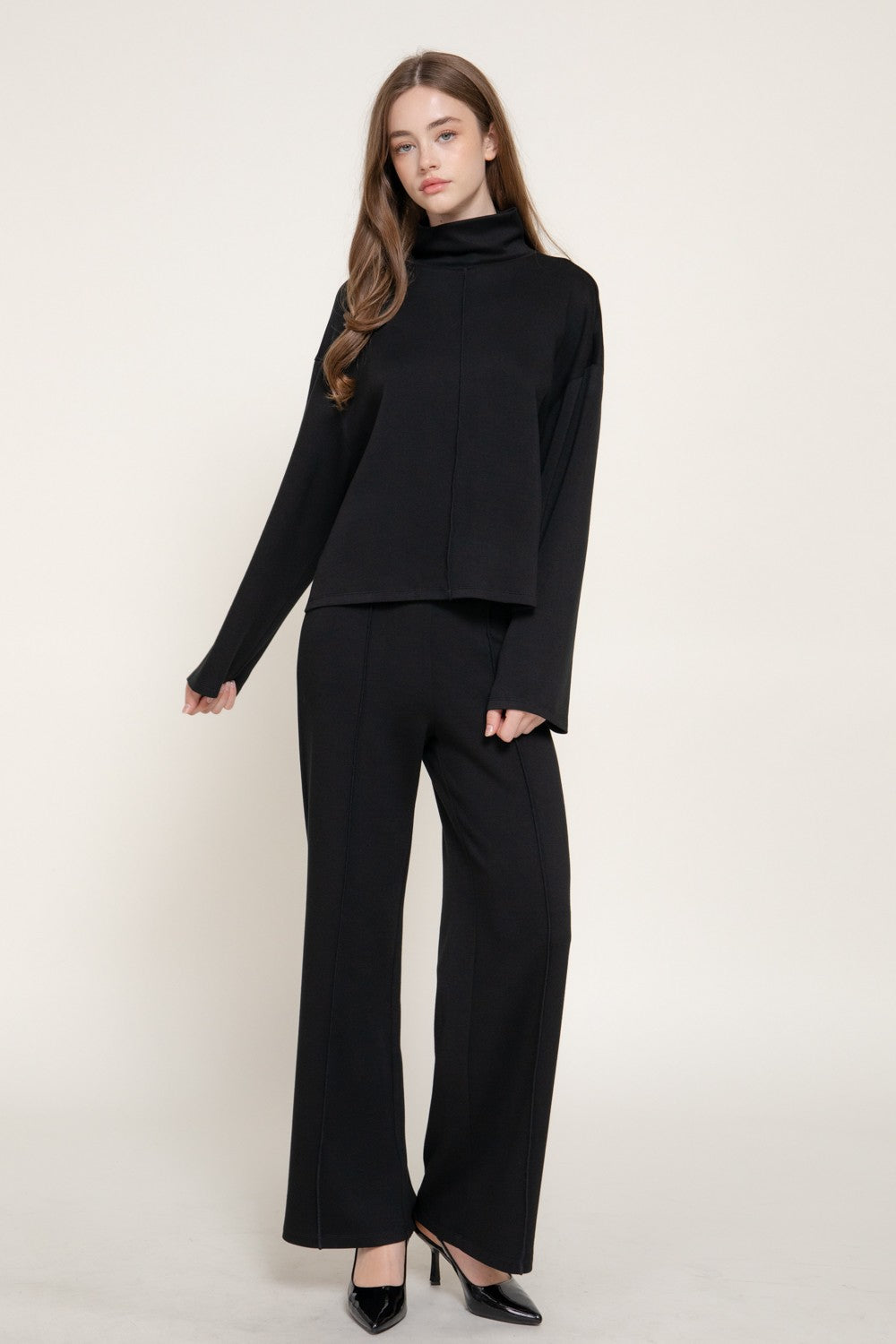 Long Slv Mock Neck Top & Straight Long Pants Set