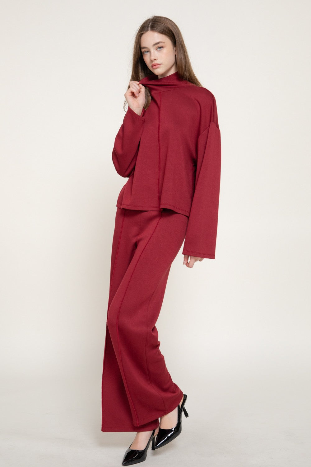 Long Slv Mock Neck Top & Straight Long Pants Set