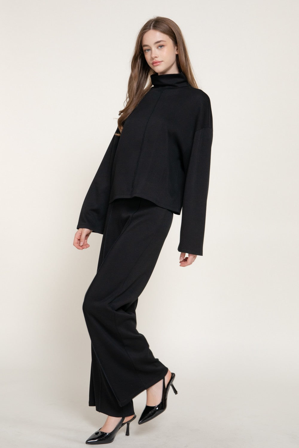 Long Slv Mock Neck Top & Straight Long Pants Set