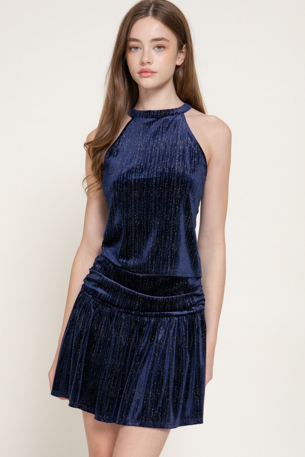 Halter Top & Flare Mini Skirt Metallic Velour Set
