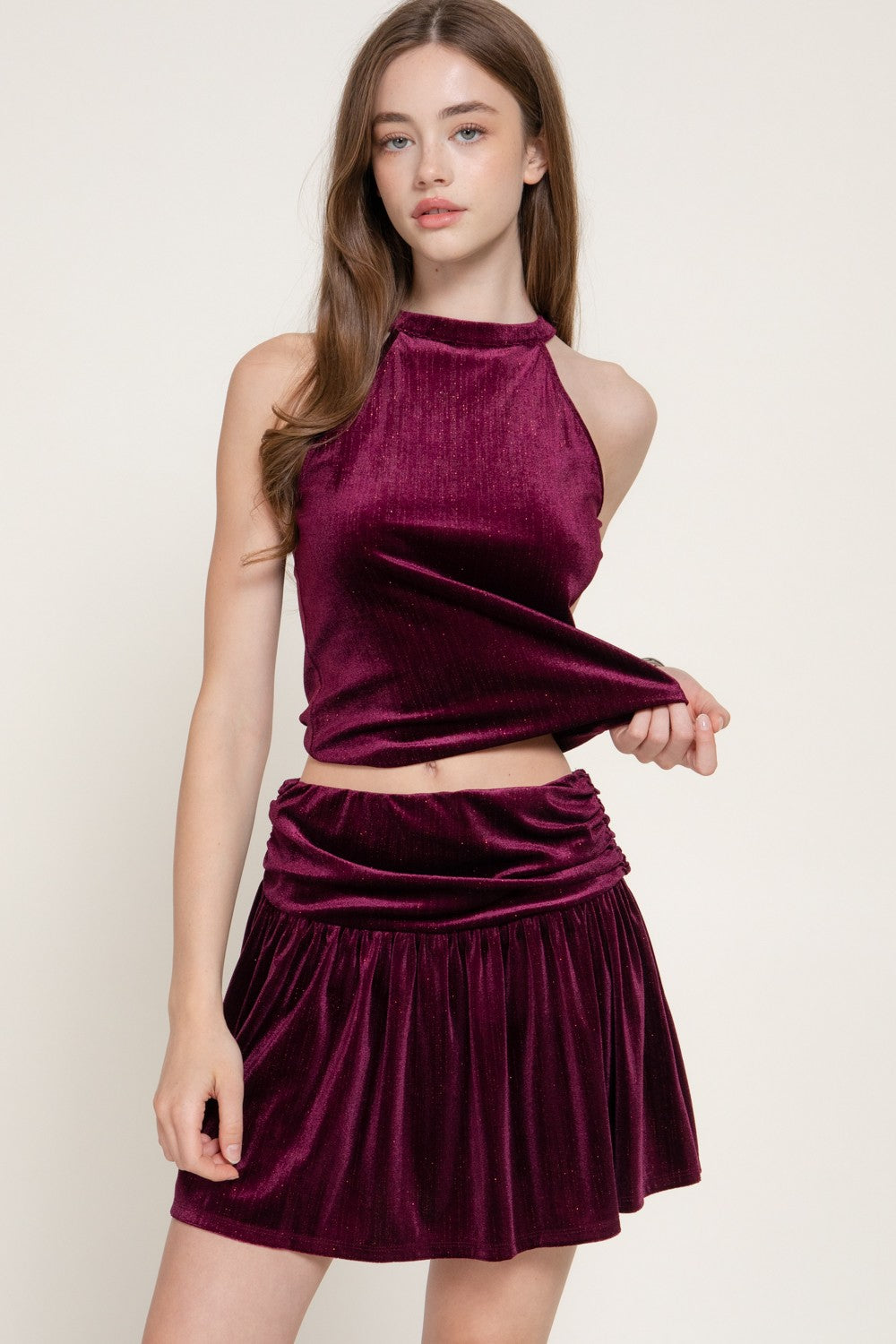 Halter Top & Flare Mini Skirt Metallic Velour Set