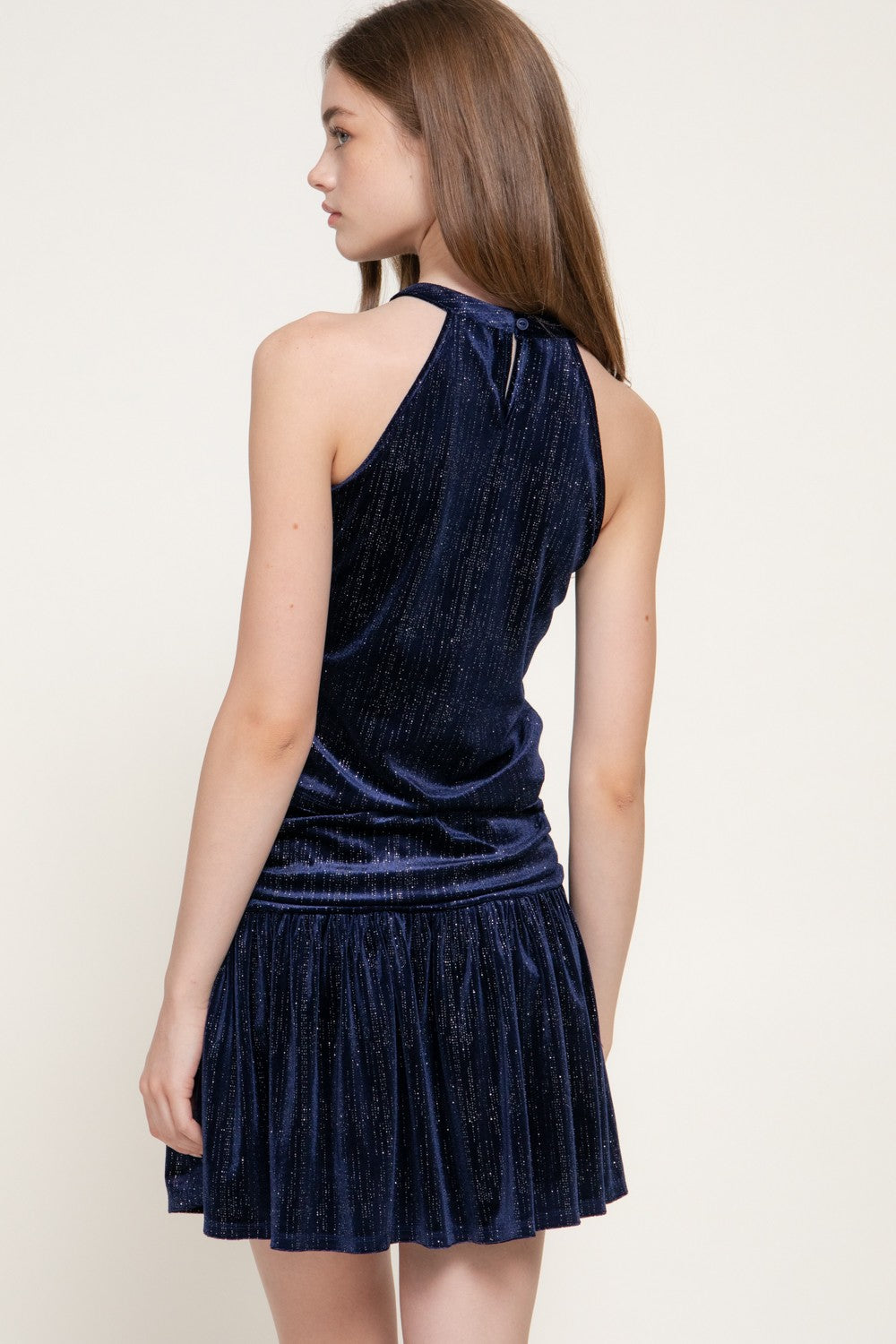 Halter Top & Flare Mini Skirt Metallic Velour Set
